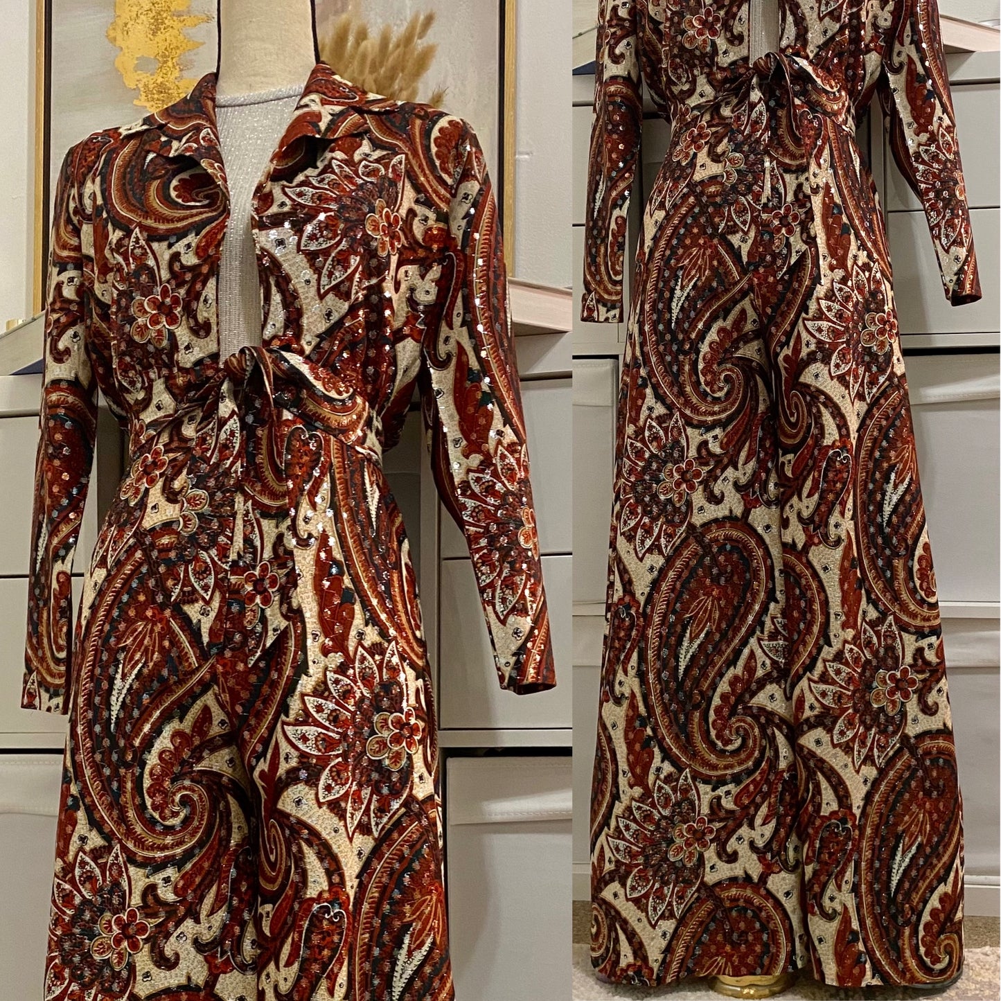 60's-70's 2pc Paisley & Silver Lurex Wide Leg Jumpsuit & Cropped Jacket (XS-S)