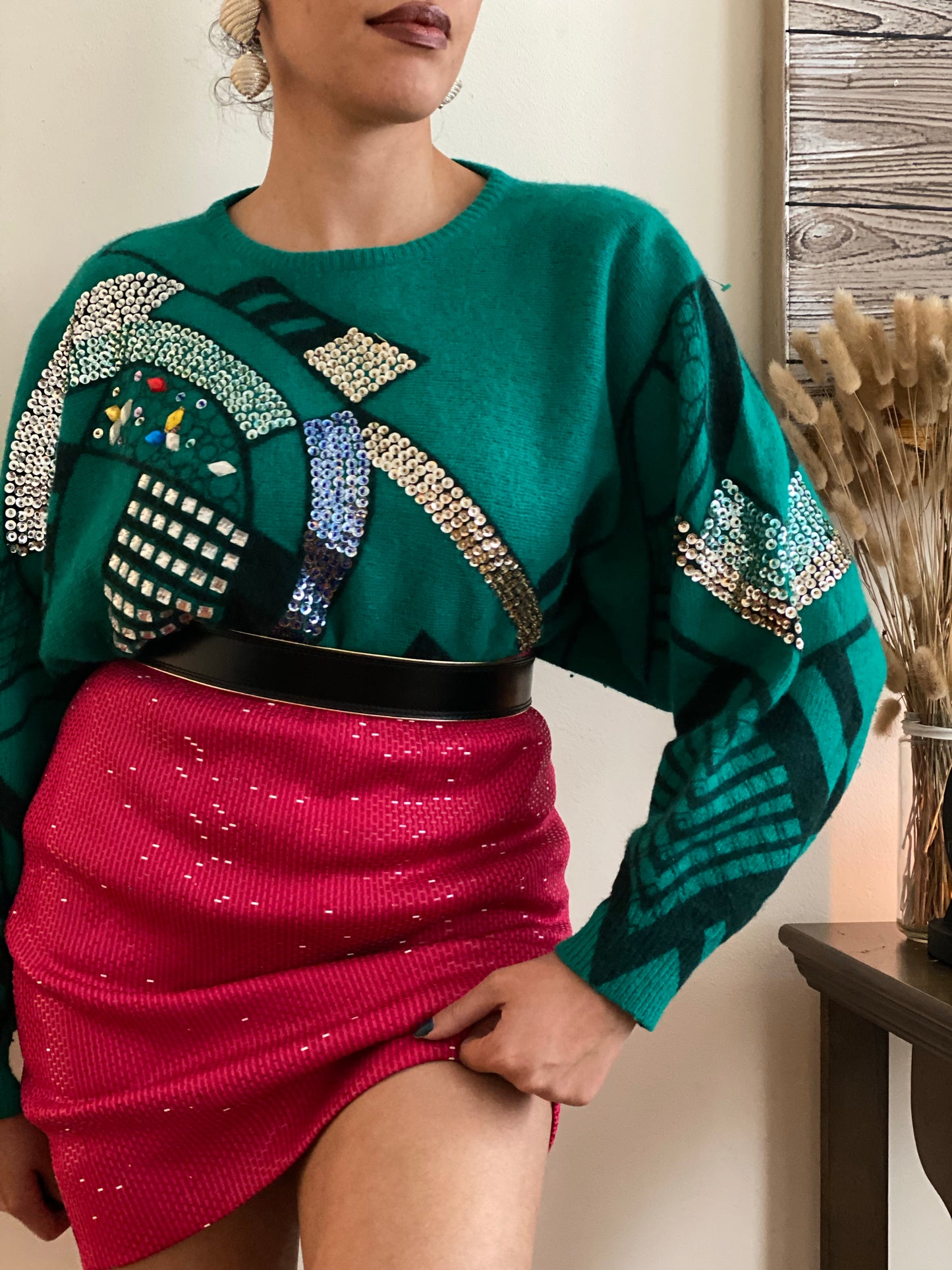 Abstract Geometric Embroidery Sequin & Bead Sparkle Sweater