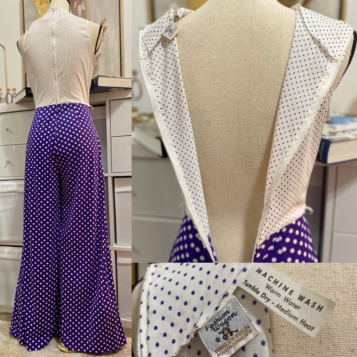70's Purple & White Polka Dot Bell Bottom Jumpsuit (S-M)