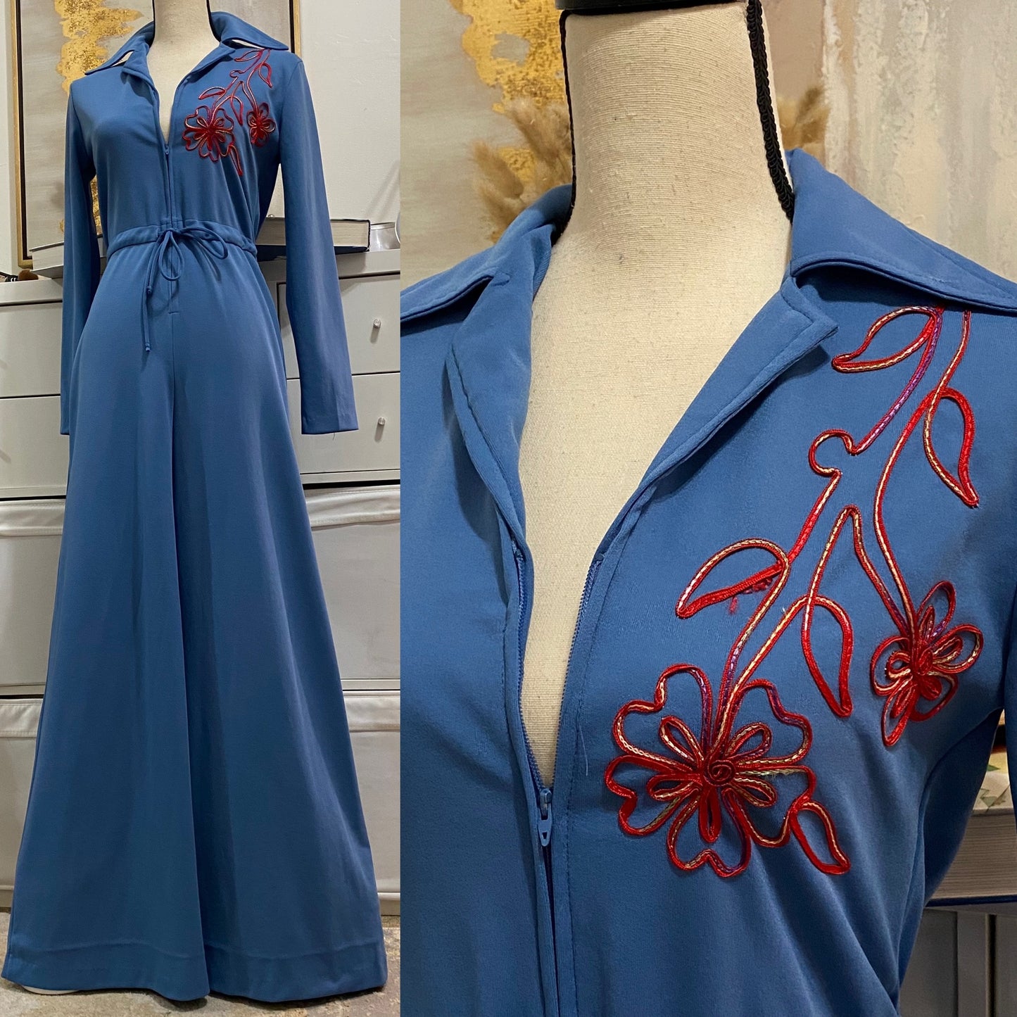 70s Embroidered Bell Bottom Jumpsuit (S-L, 27"-31"W) Zipper front