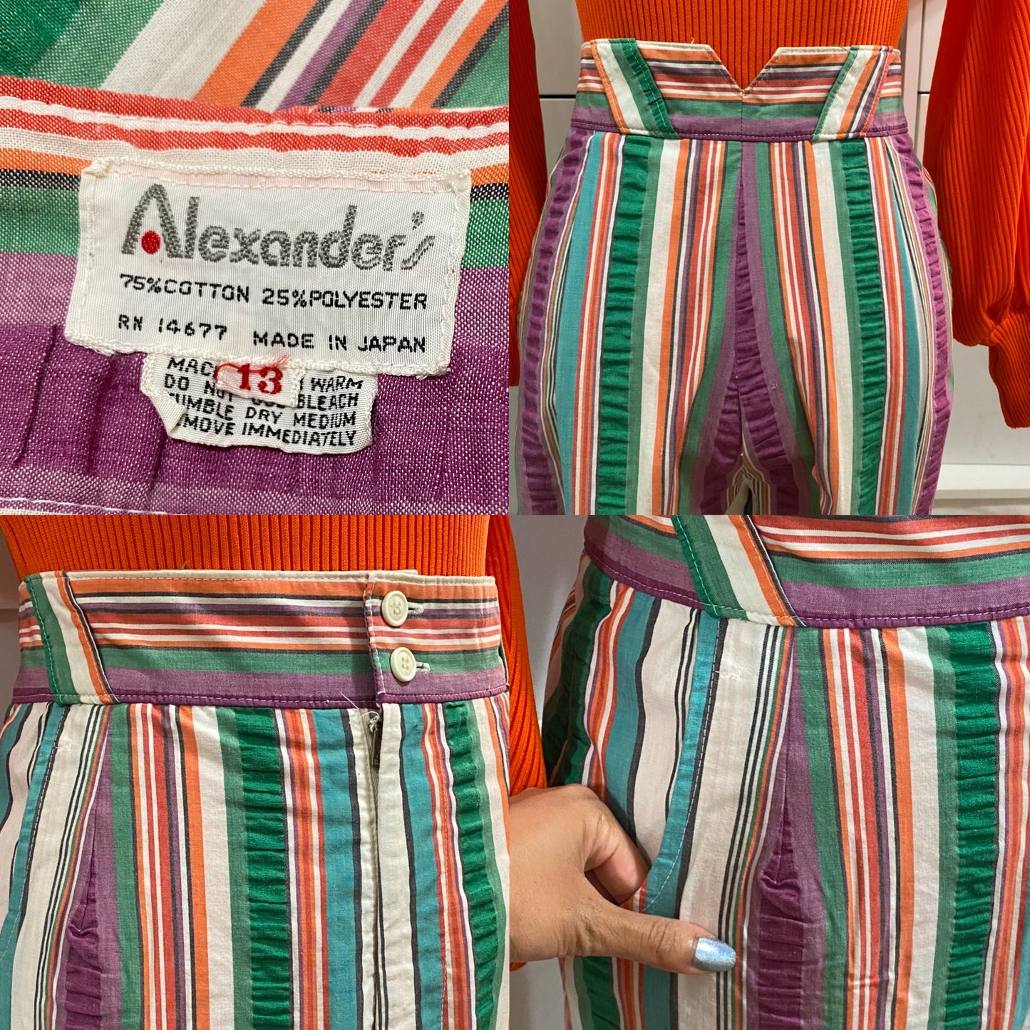 70's High Rise, Striped, Bell Bottom Cuff Pant (M-28")