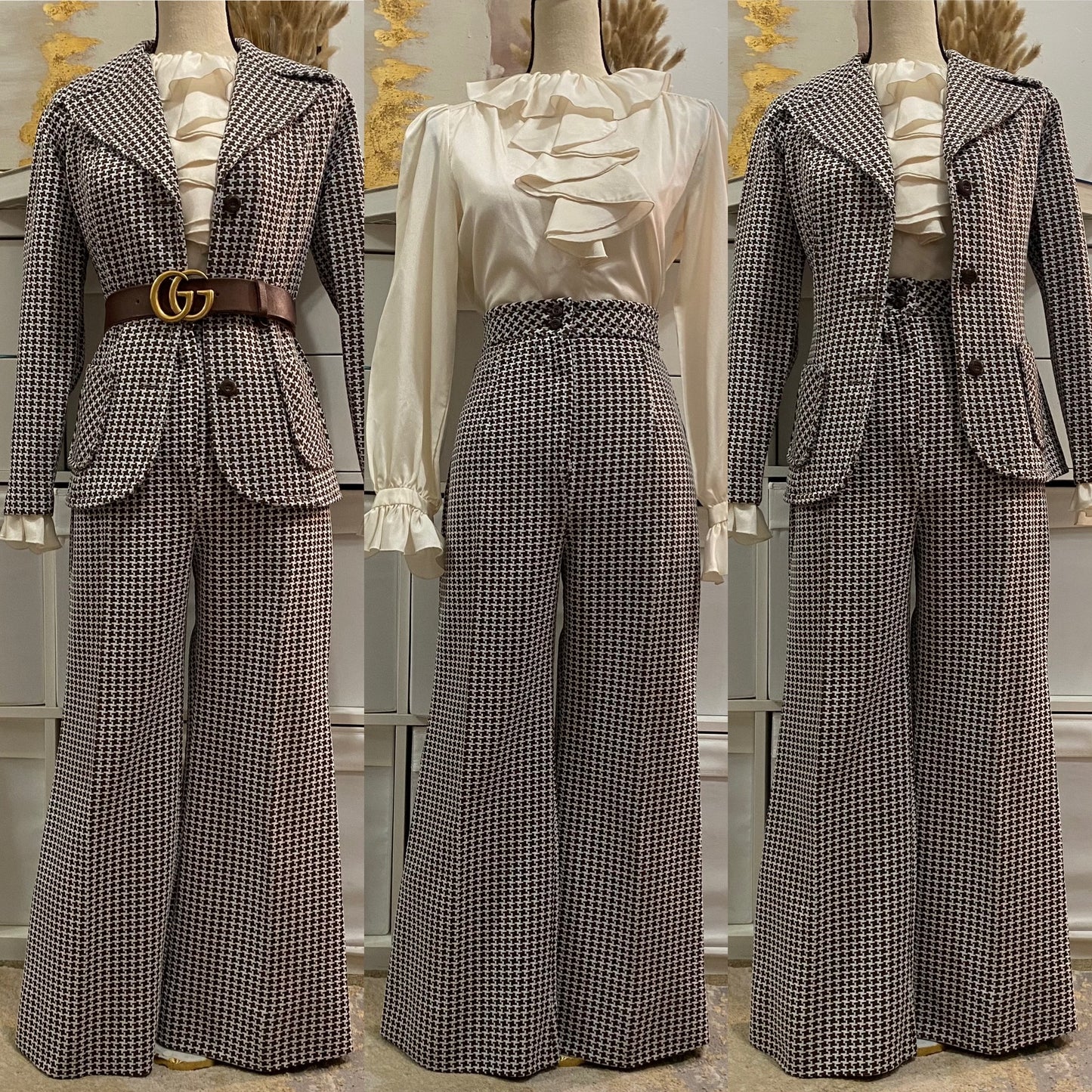 60's-70's Houndstooth 2PC High Rise Bell Bottom Pantsuit Petite (XXS-XS)