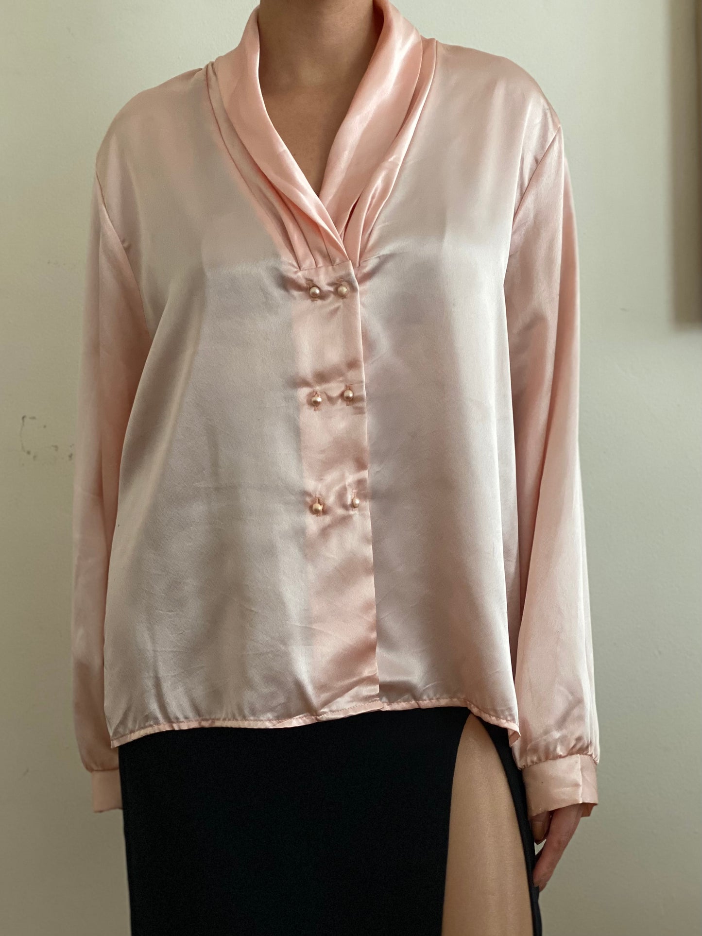 Liquid Satin Shawl Collar with Pearl Buttons Long sleeve blouse