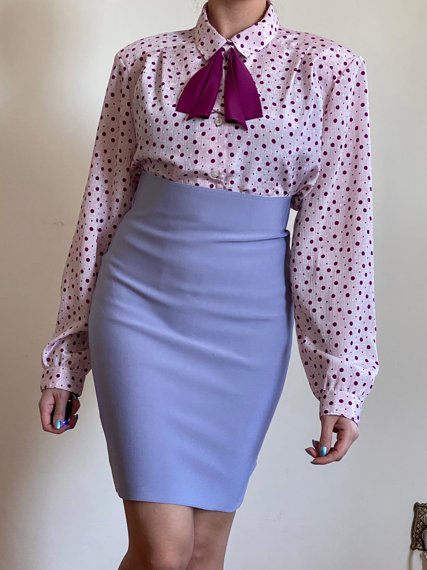 80's PINK POLKA DOT JABOT BOW BUTTON DOWN BLOUSE (S-M)