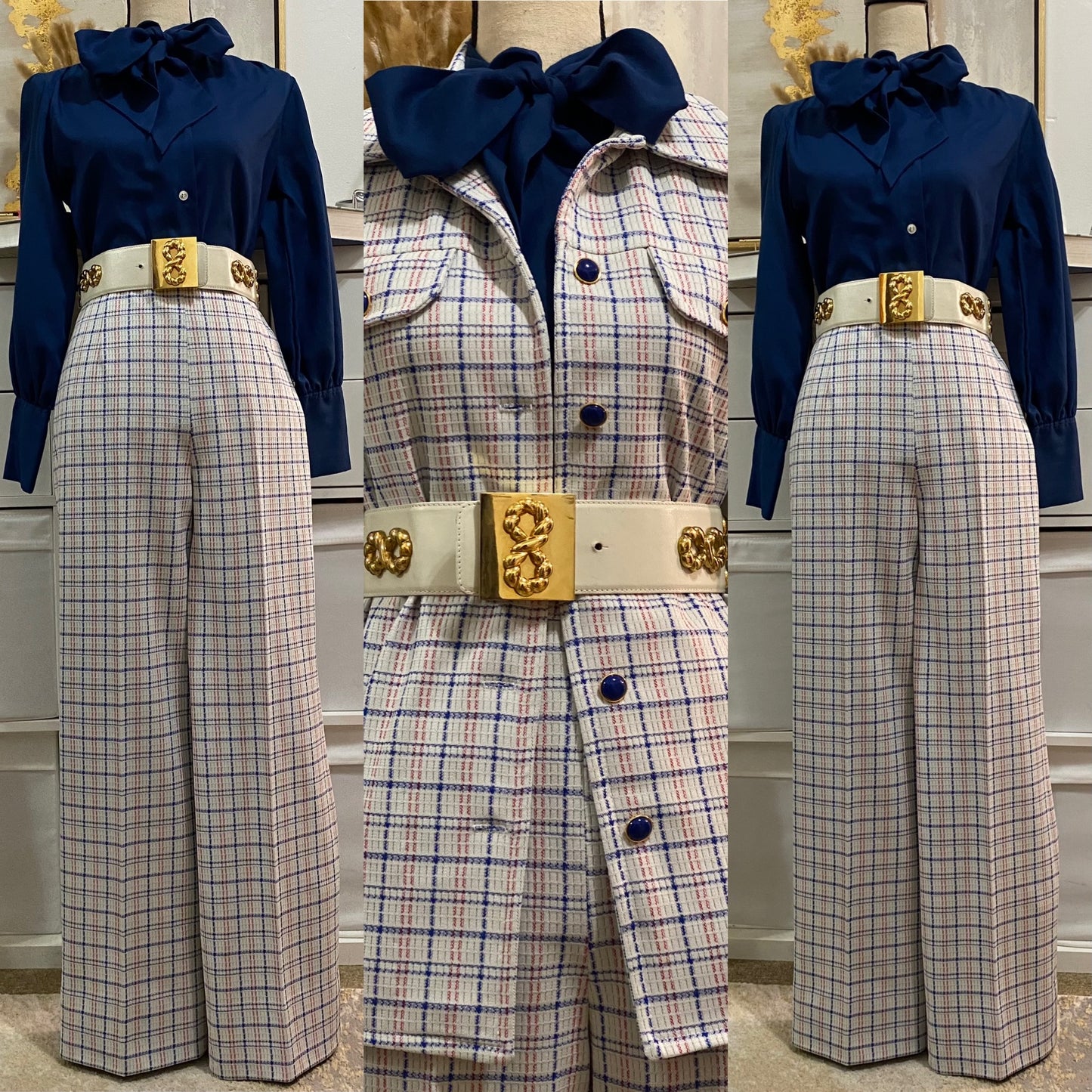 70's Blue Grid Plaid 2Pc Wide Leg Pantsuit (S, 26"W)