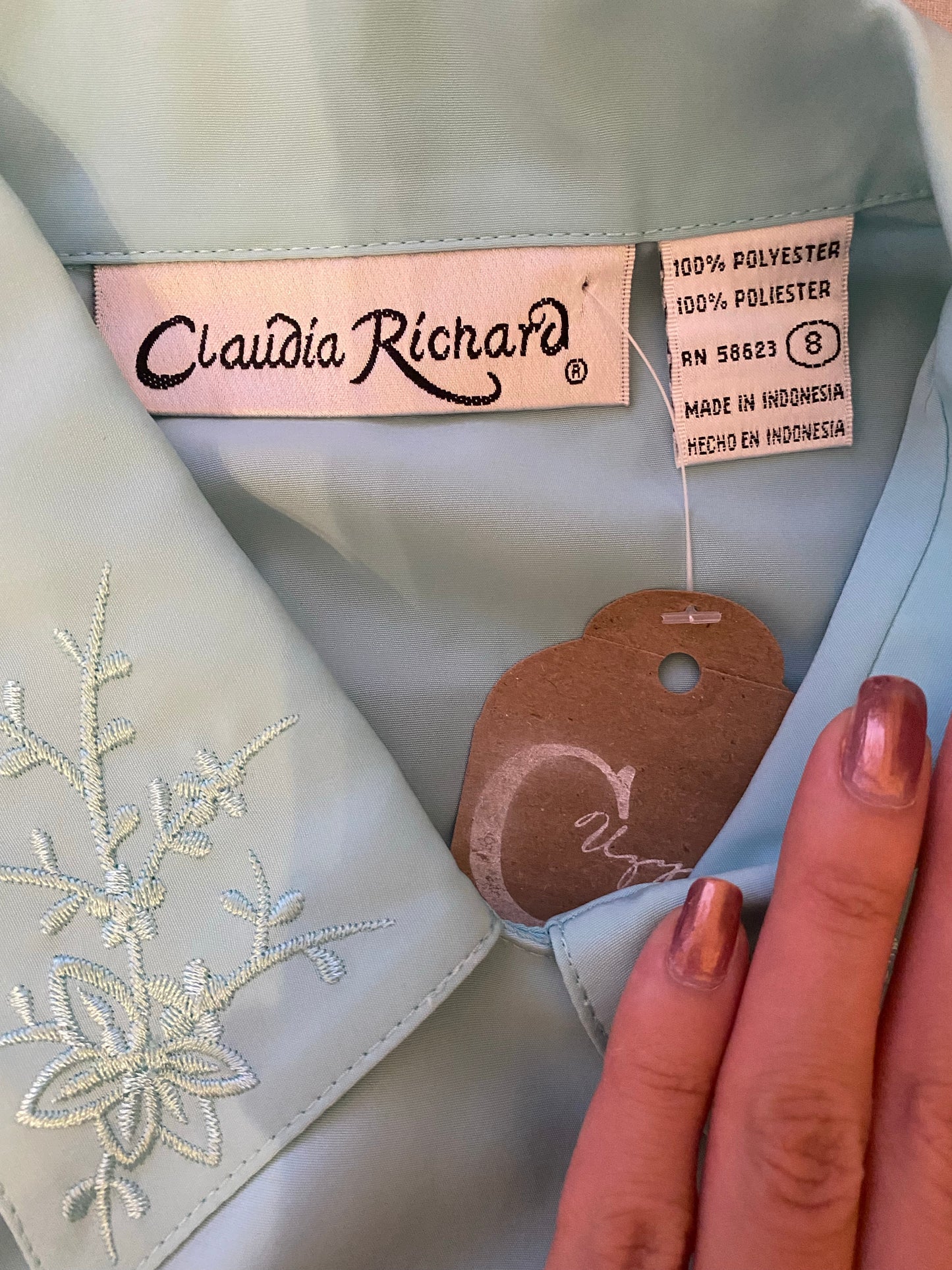 80's-90's Icy Blue Floral Collar Button Down Blouse (M)