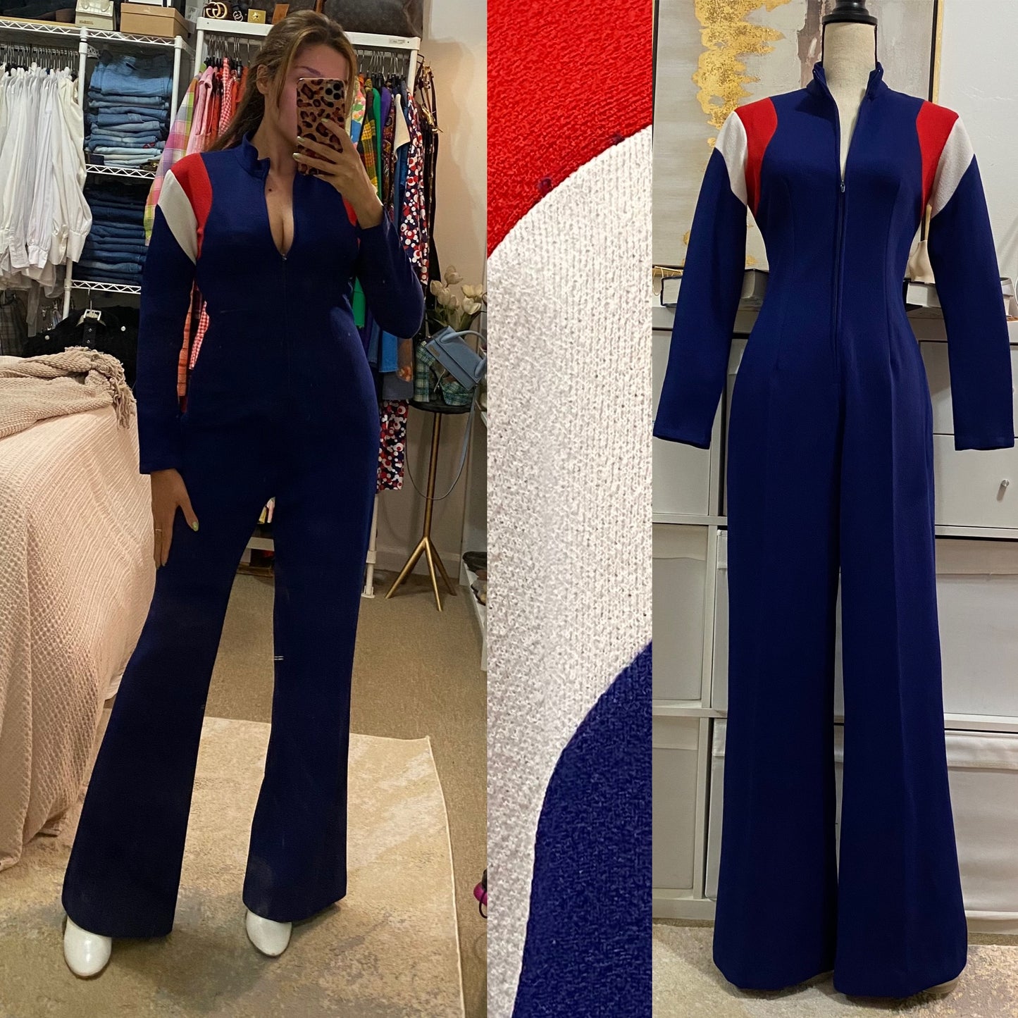 70's Striped Wide Leg Jumpsuit W/ Zipper Front (M, 30"W)