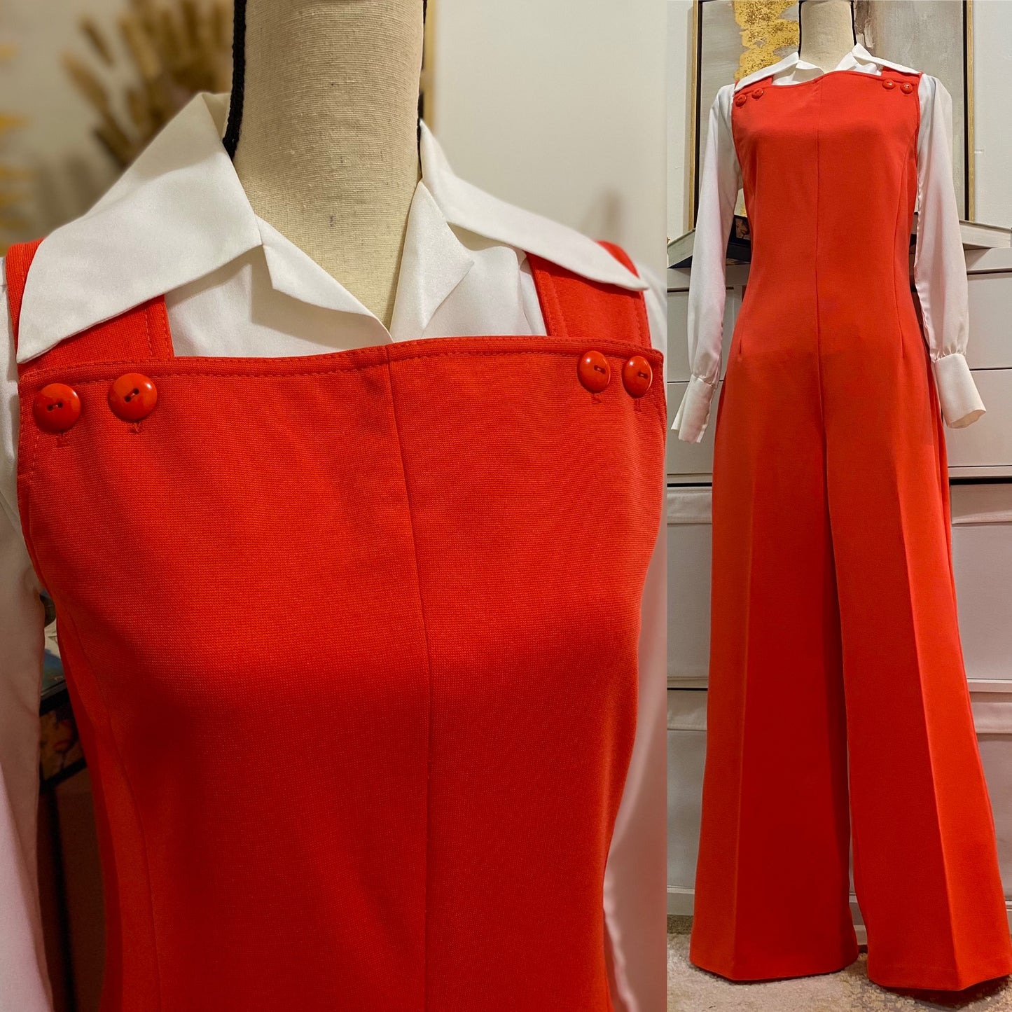 70s coral overall style bell bottom jumpsuit (XL)