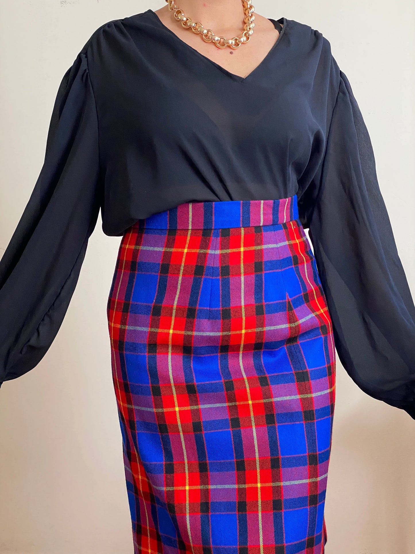 80's-90's ESCADA Plaid Rayon & Wool Knee Length Skirt (M)