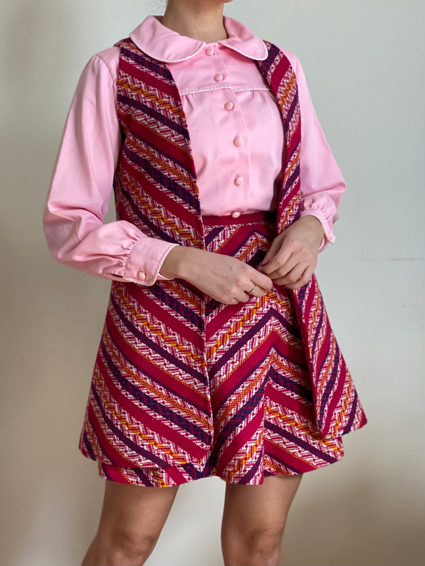 70's Bubblegum Pink Peter Pan Collar Puffy Sleeve Blouse (S-M)
