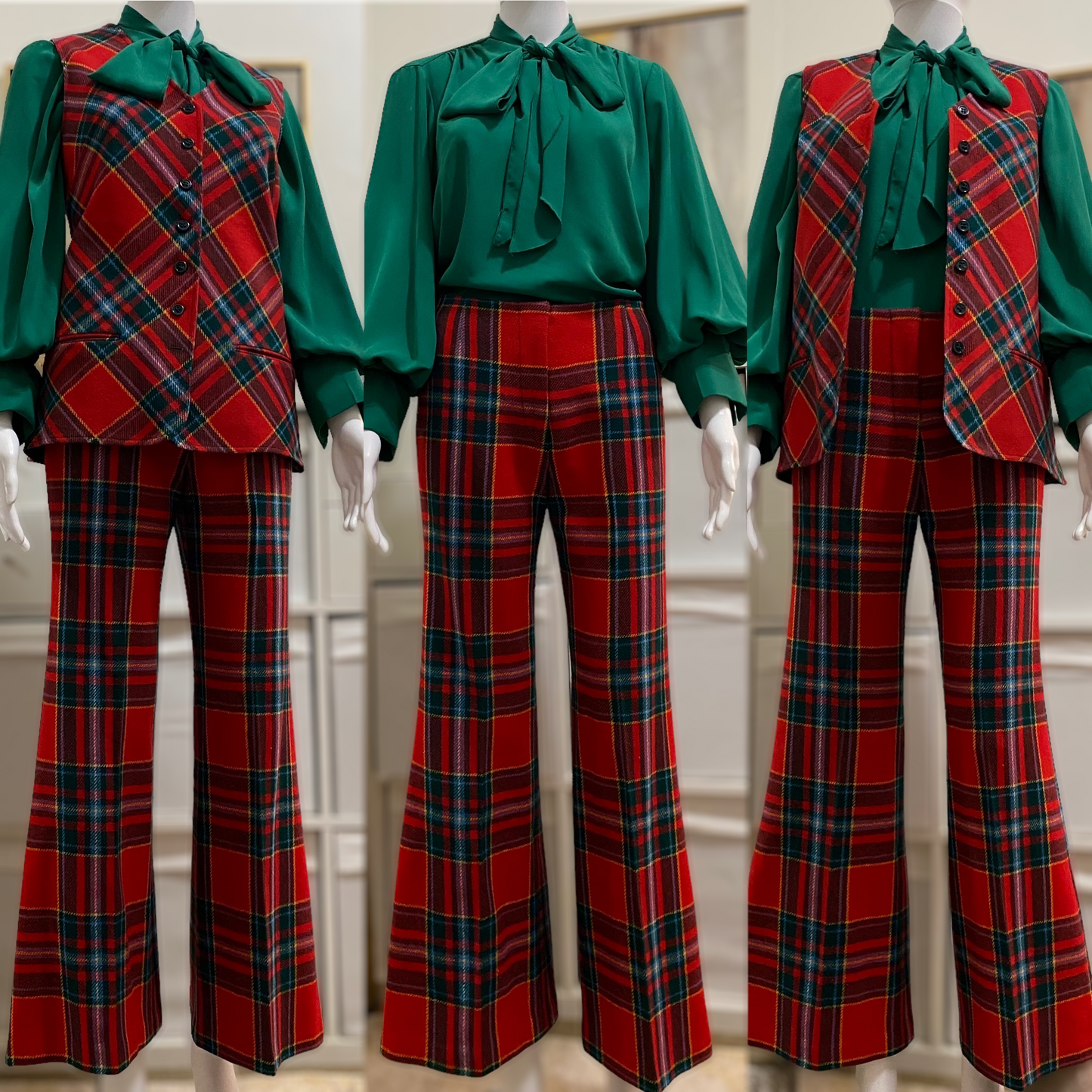 60's-70's Winter Plaid 2Pc Vest Pantsuit (S-M, 28"W)