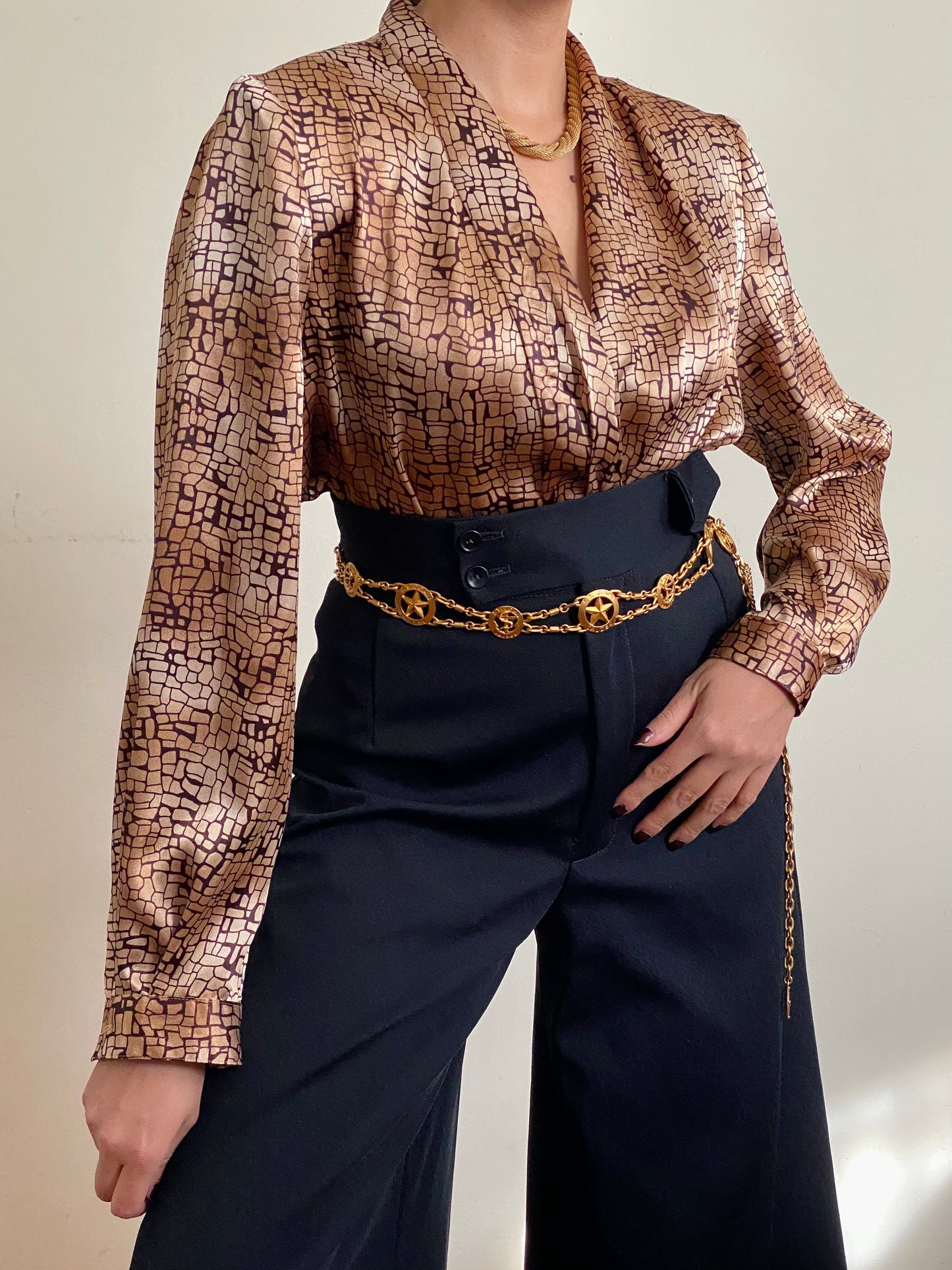 80's Golden Brown Abstract Draped Blouse (M)