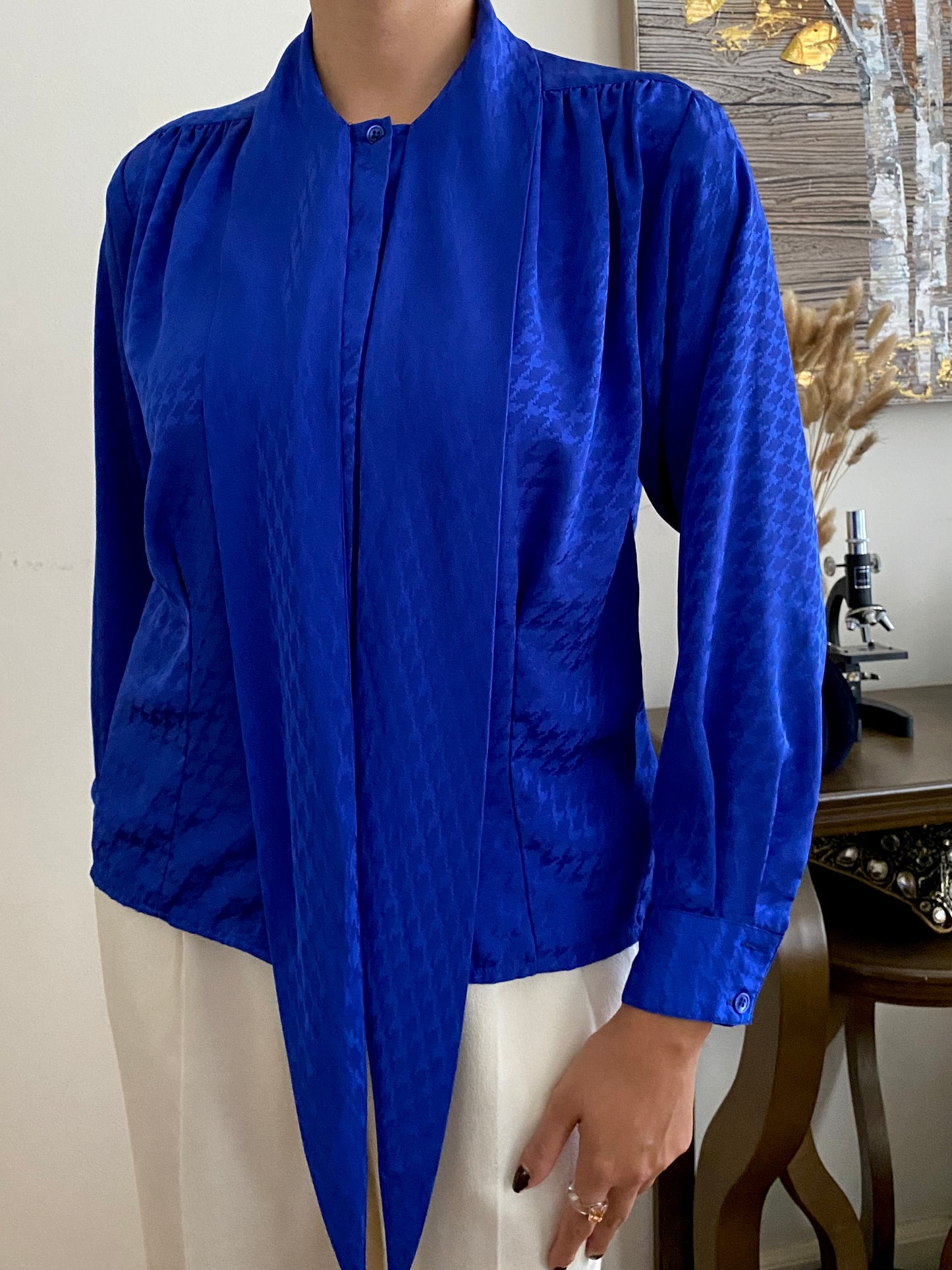Bow Collar houndstooth long sleeve blouse