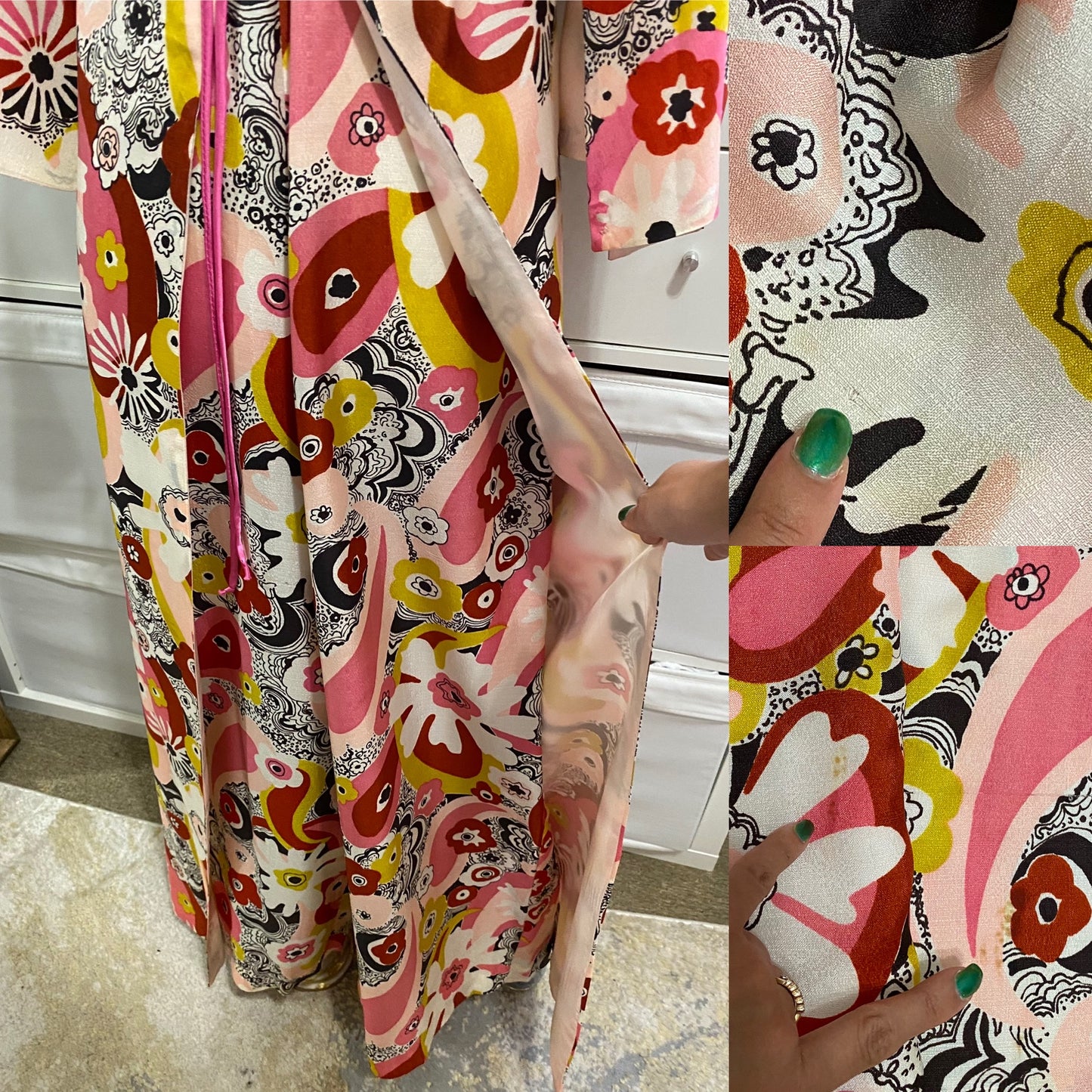 60s-70s Abstract Floral Wide Leg Jumpsuit w/ Cape (S-L)