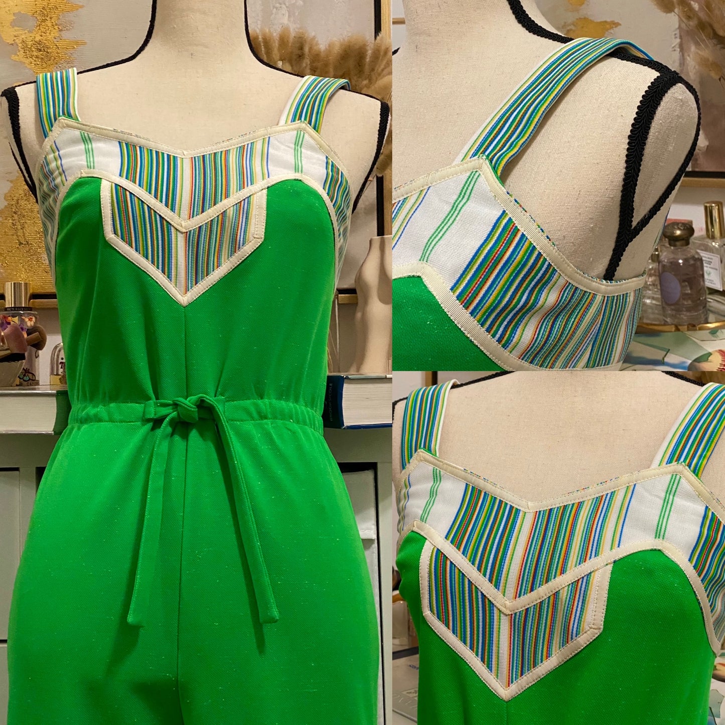70's Kelly Green & Rainbow Stripes Wide Leg Jumpsuit (S)
