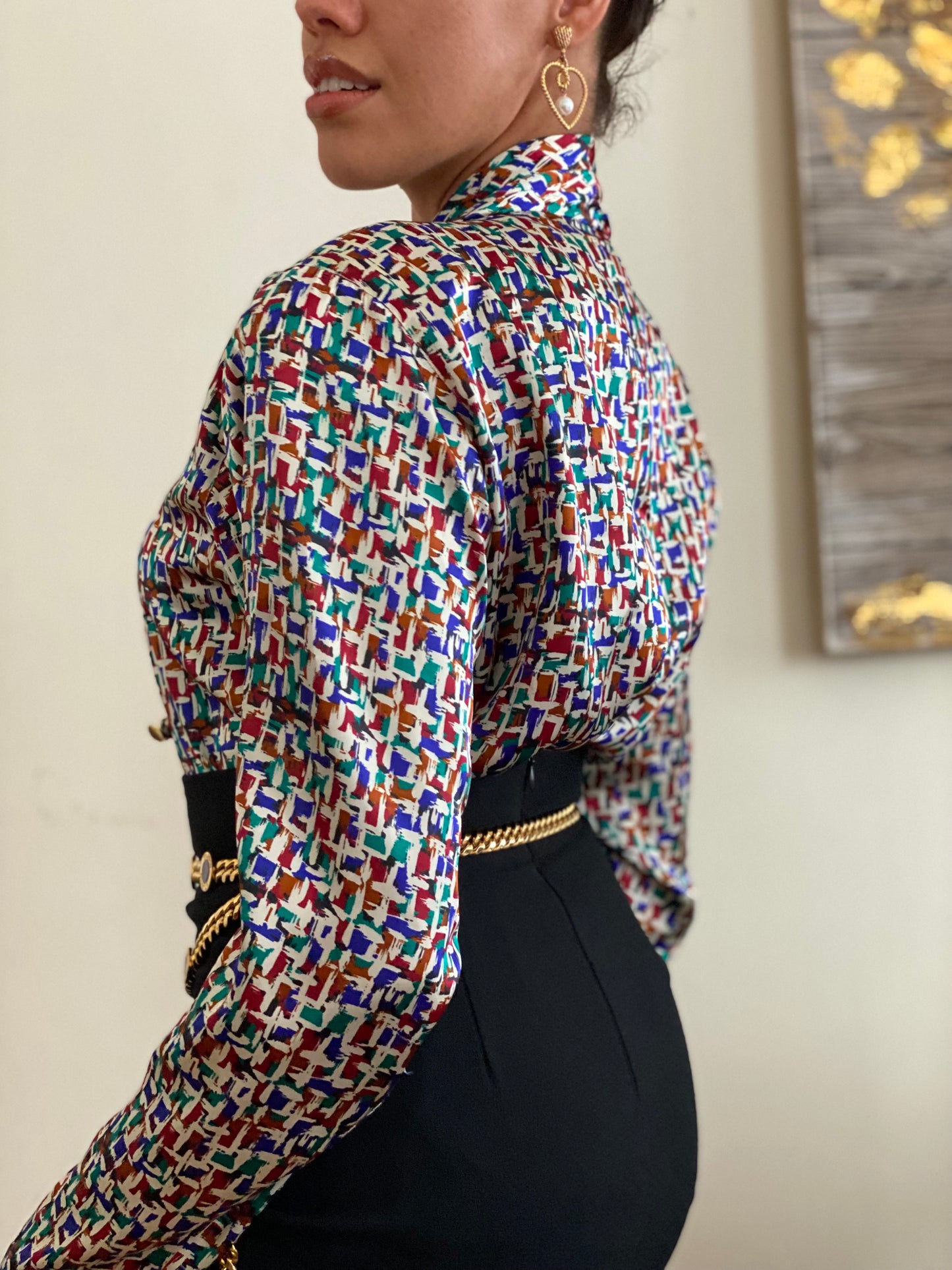 Satin Shawl Collar Long Sleeve Blouse with Multi-Color Abstract Pattern