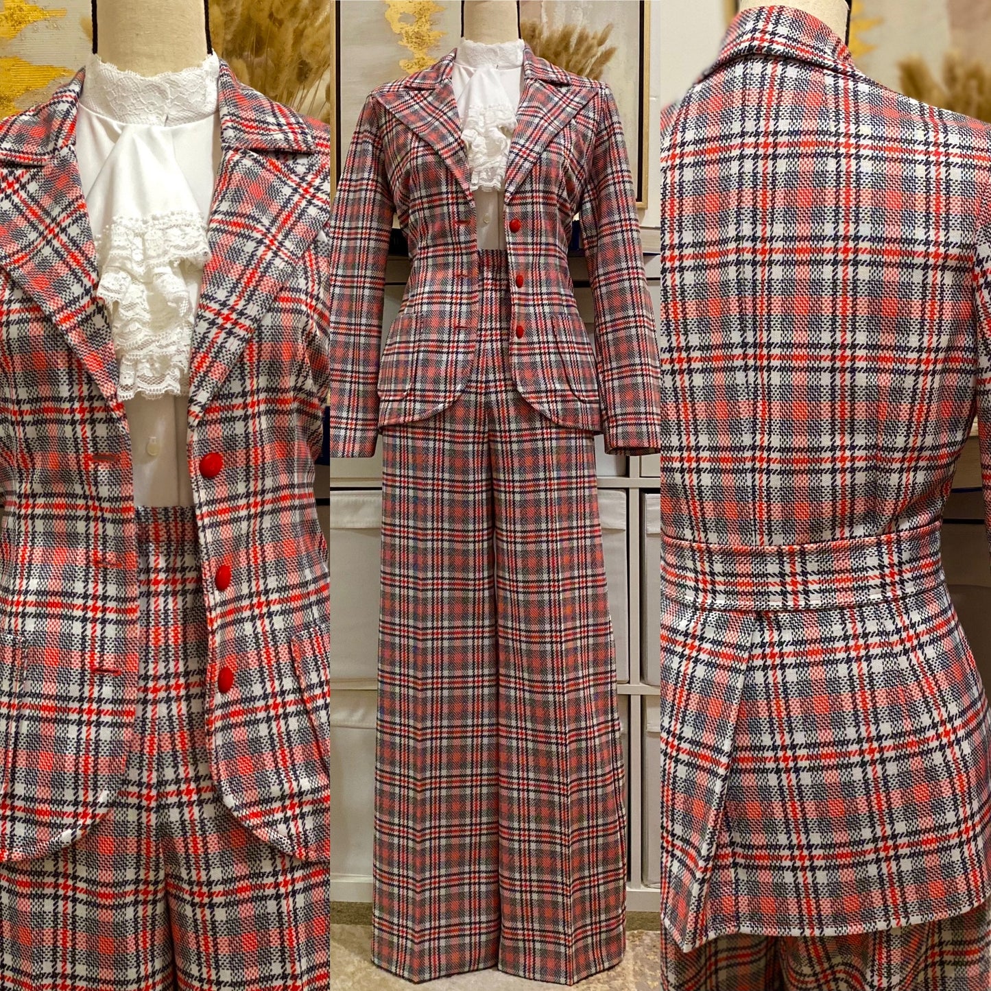 70's Orange Plaid Pantsuit - Jacket & High Rise Wide Leg Bottoms Set (S-M)