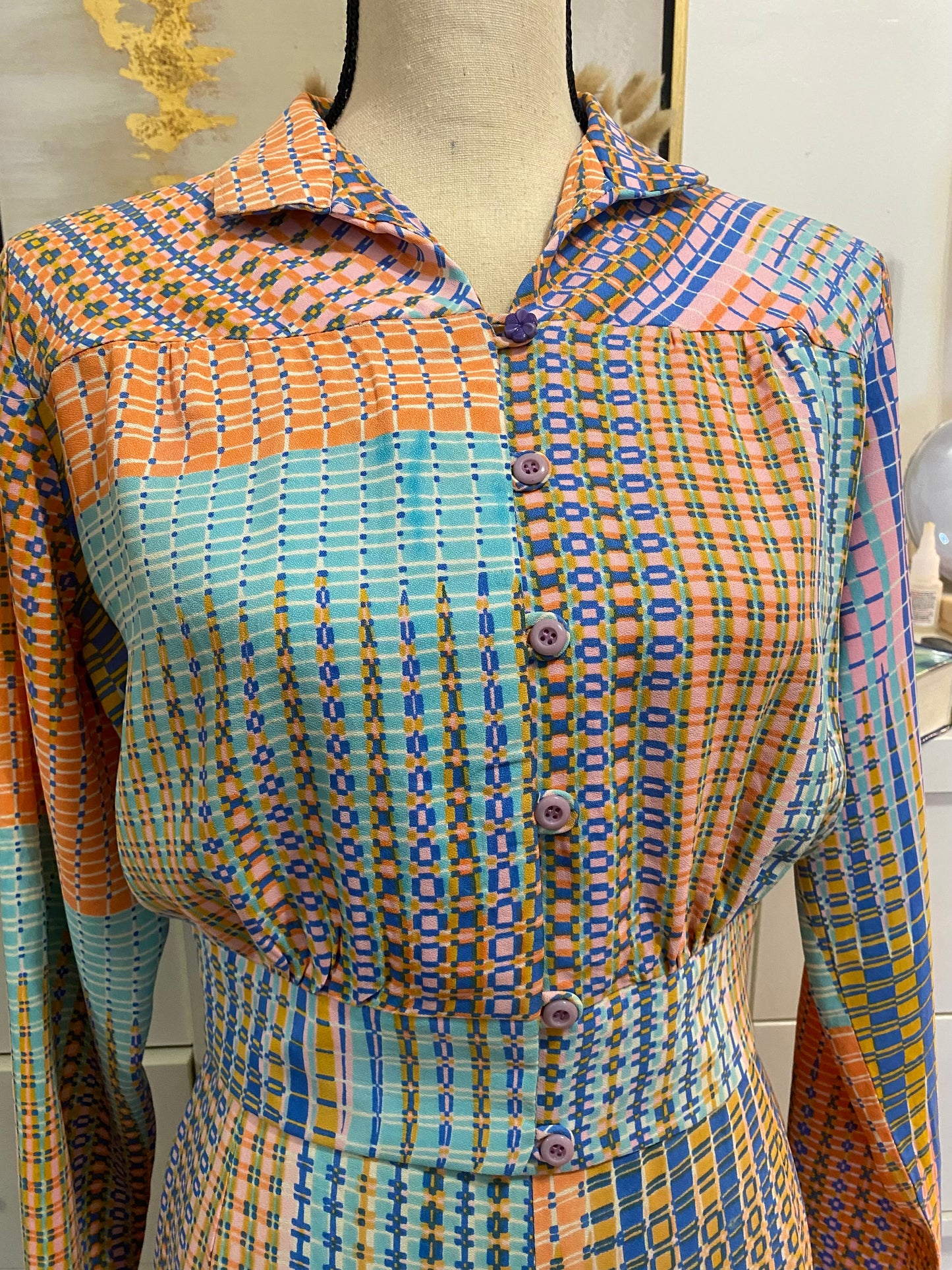 70's 2-Piece Set - Pastel Abstract - Bomber Jacket/Shirt & High Rise Palazzo Bottoms (M)