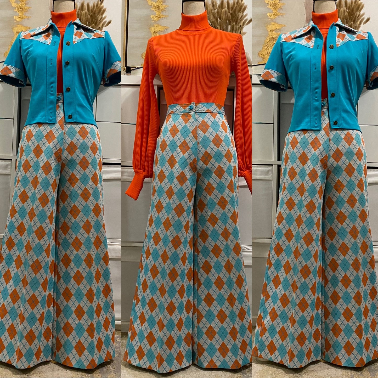 70's Argyle 3PC Wide Leg Pantsuit (S-M) Petite, cropped