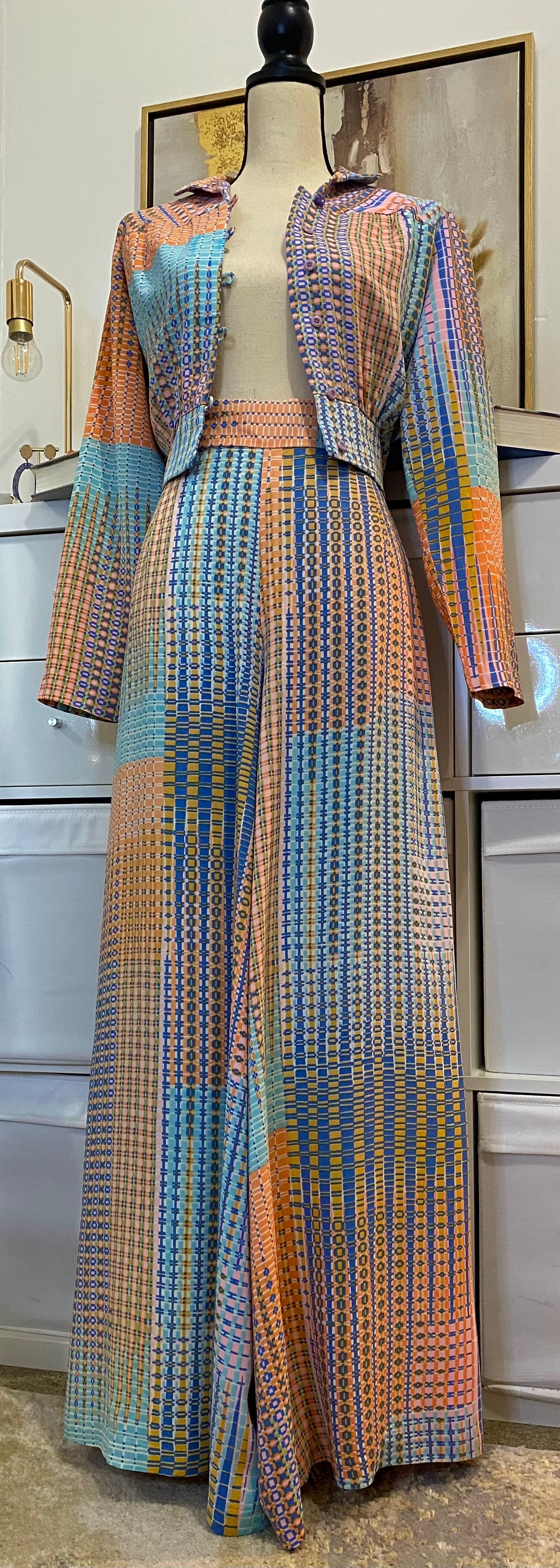 70's 2-Piece Set - Pastel Abstract - Bomber Jacket/Shirt & High Rise Palazzo Bottoms (M)