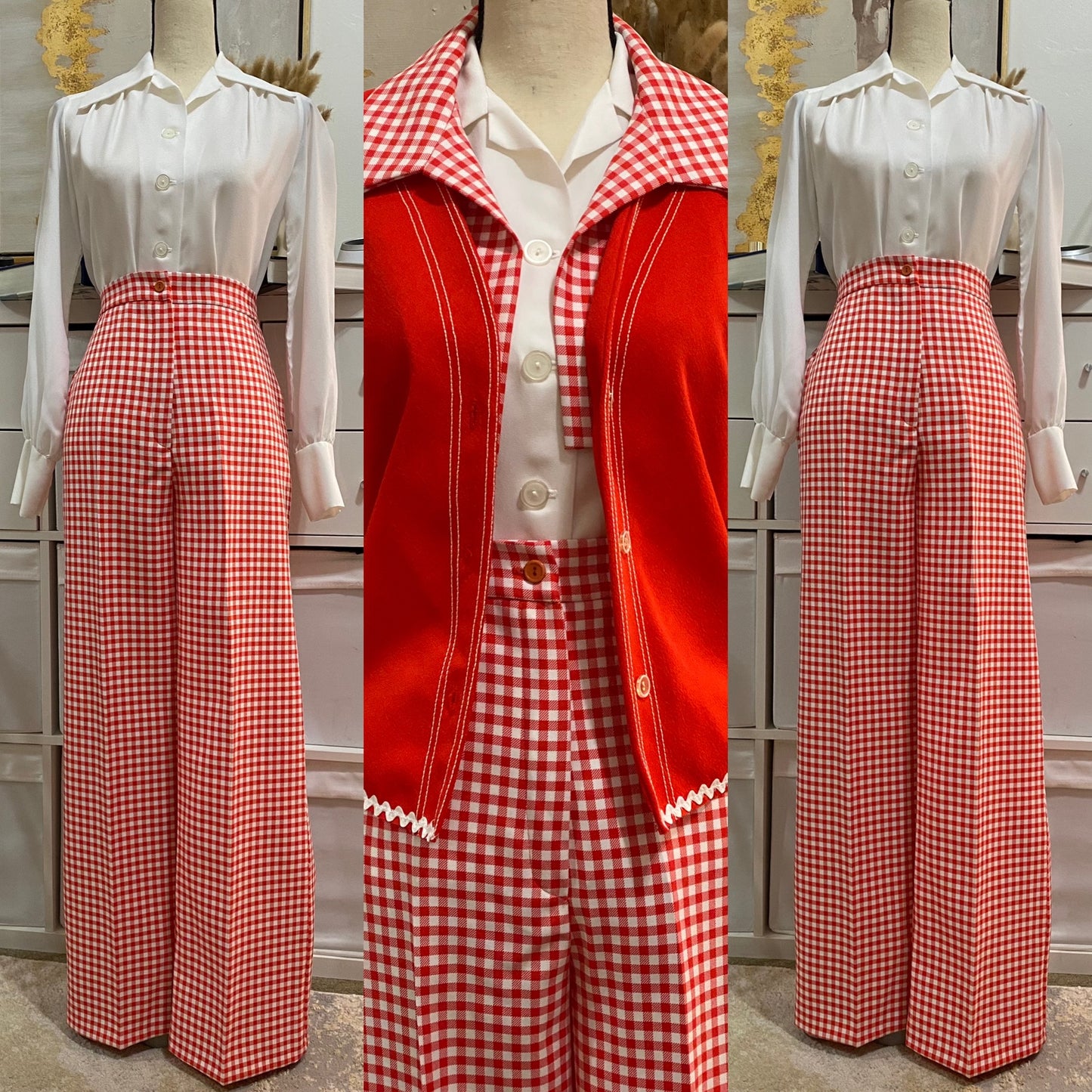 70's Deadstock Gingham Checkered Wide Leg 2pc Pantsuit (S-M)