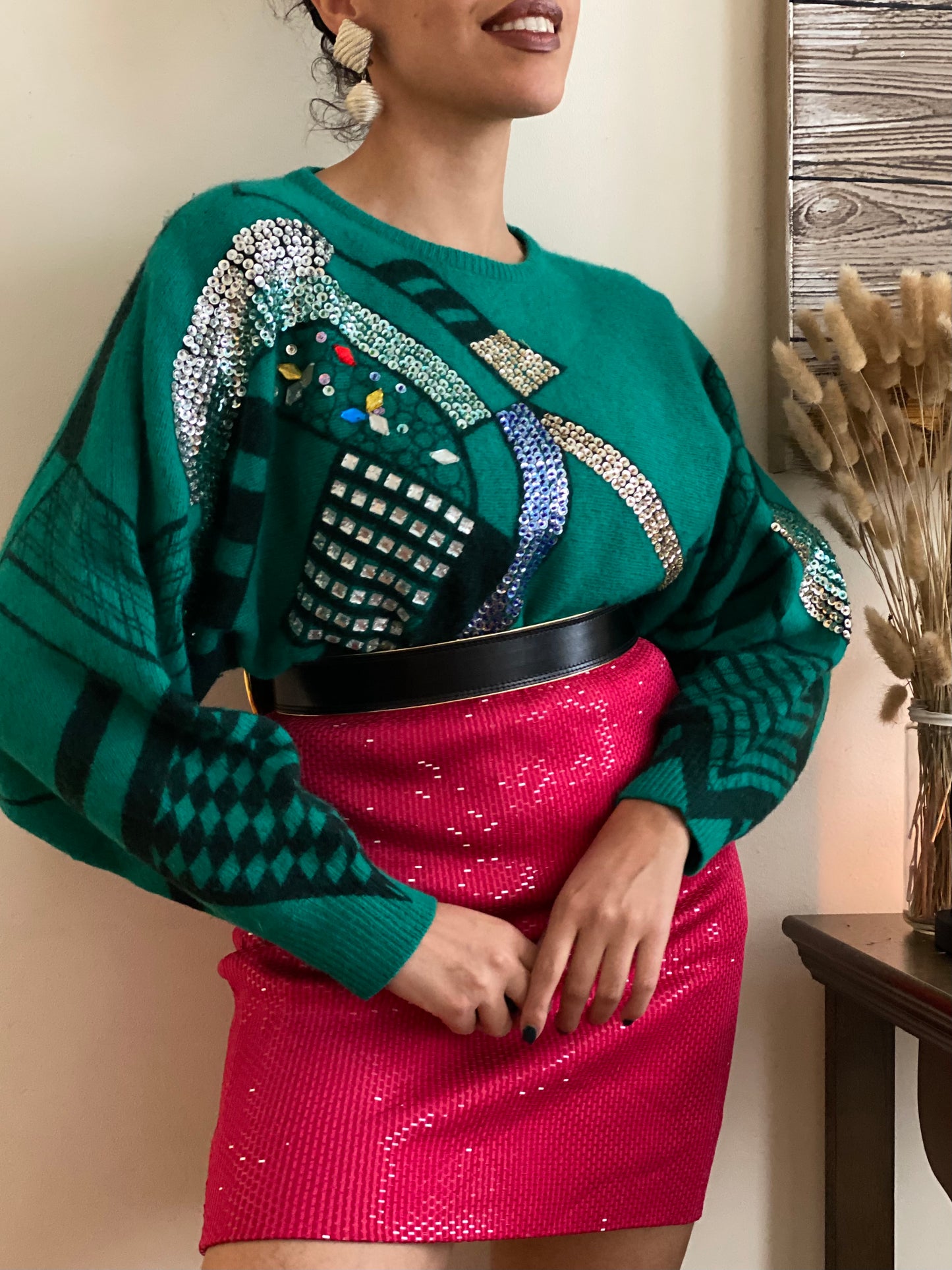 Abstract Geometric Embroidery Sequin & Bead Sparkle Sweater