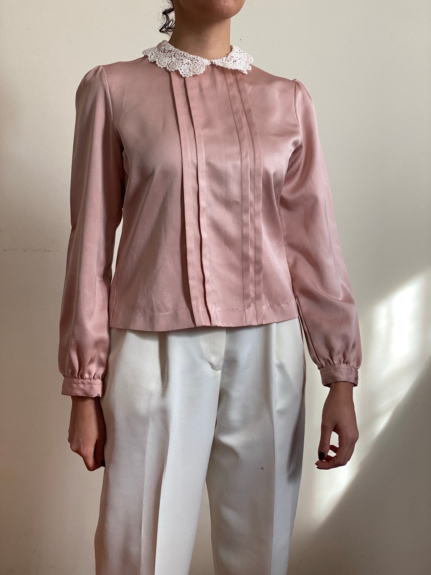 80's Lace Collar Silky Long Sleeve Blouse (S)