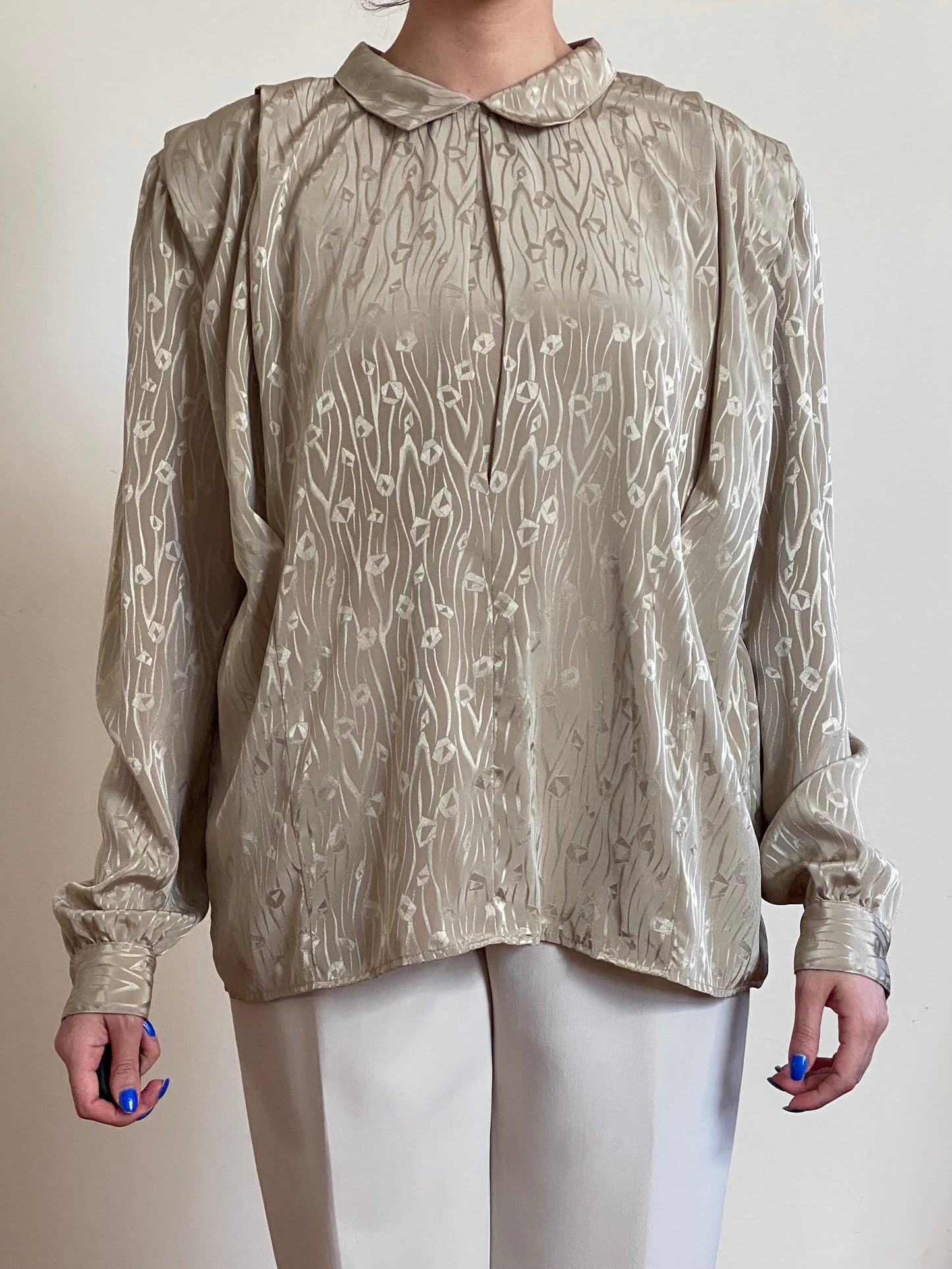 80's Golden Olive Peter Pan Collar Pleated Blouse (M-XL)