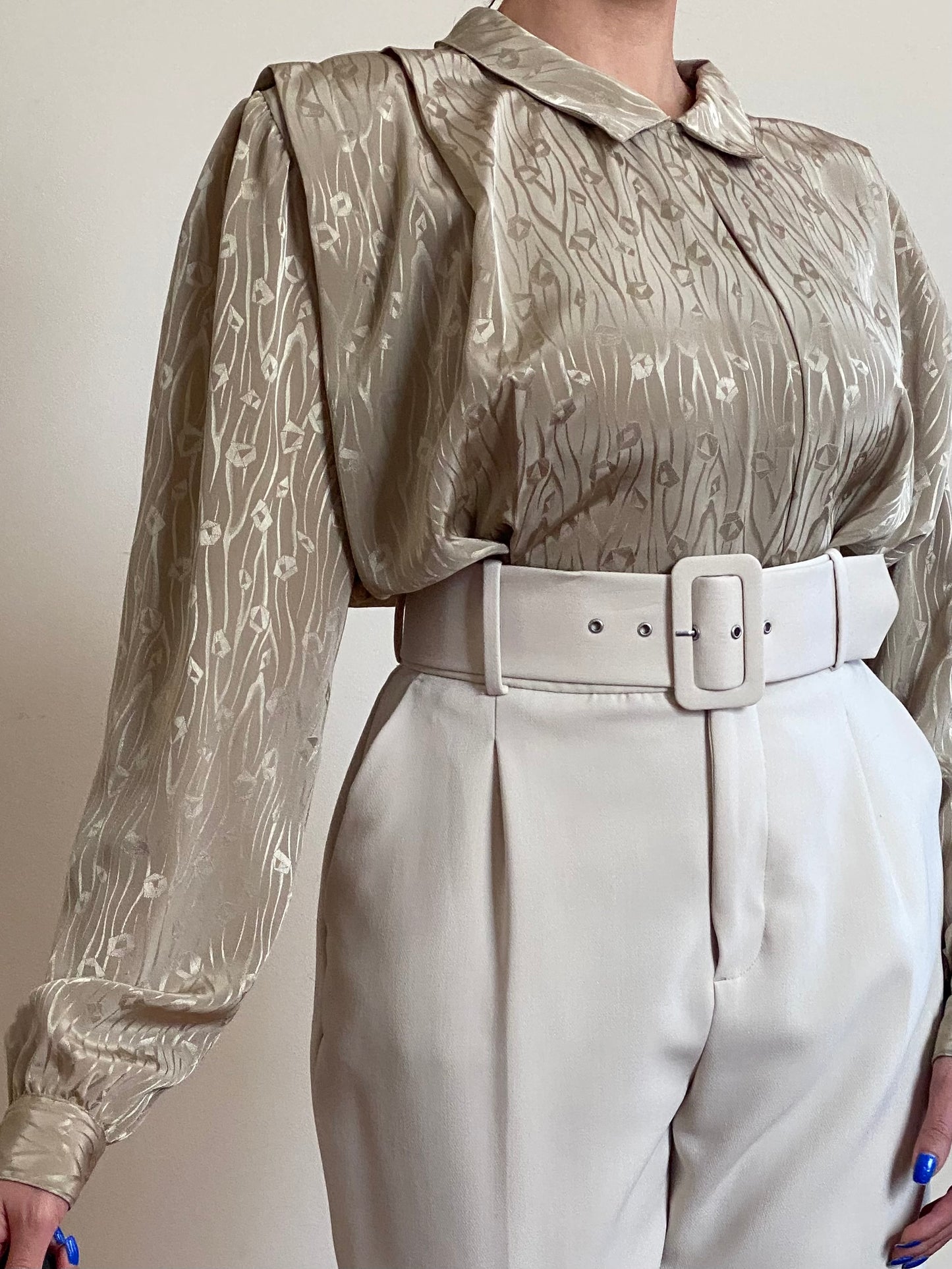 80's Golden Olive Peter Pan Collar Pleated Blouse (M-XL)