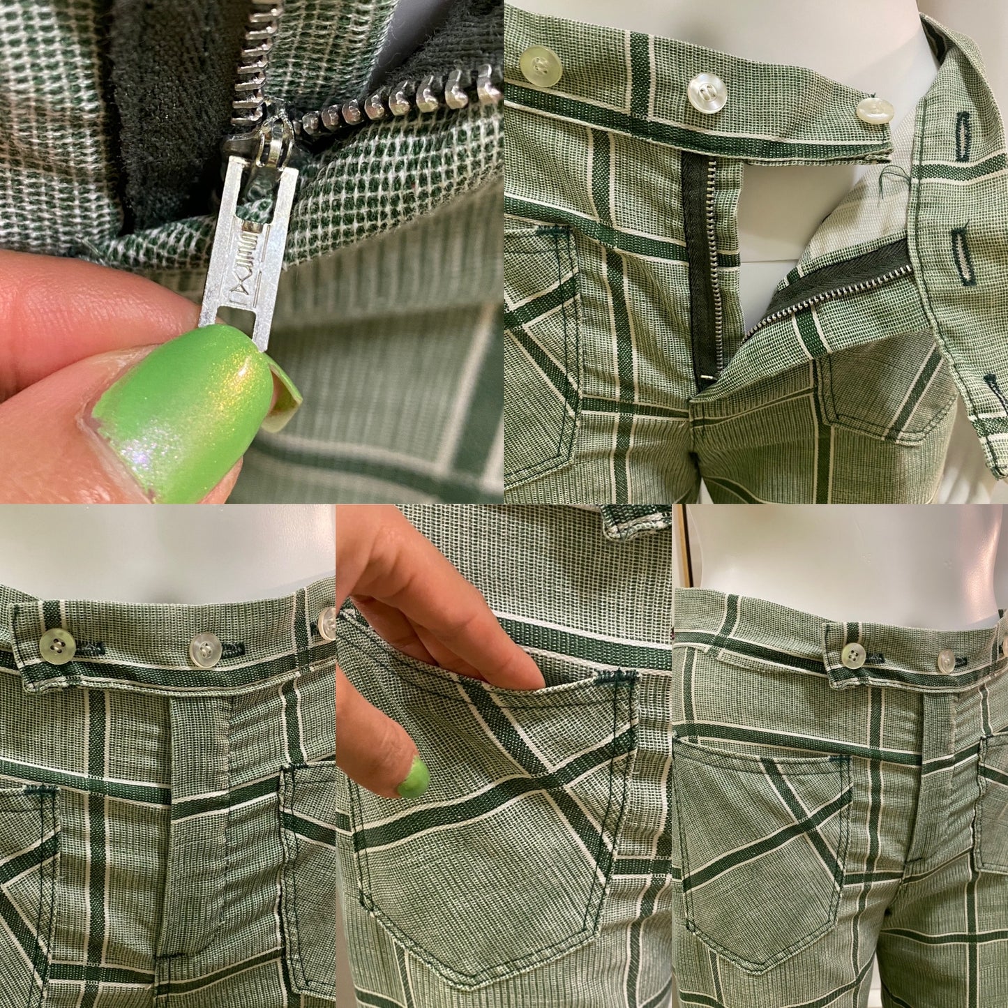 70s Low Rise Windowpane Plaid Bell Bottom Flare Pants (XS, 26")