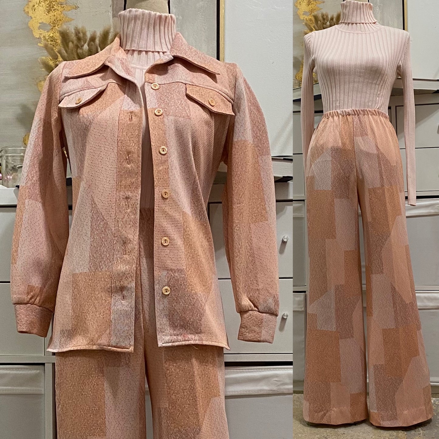 70s Geometric 2PC Leisure Pantsuit (S-M, 25"31"W)