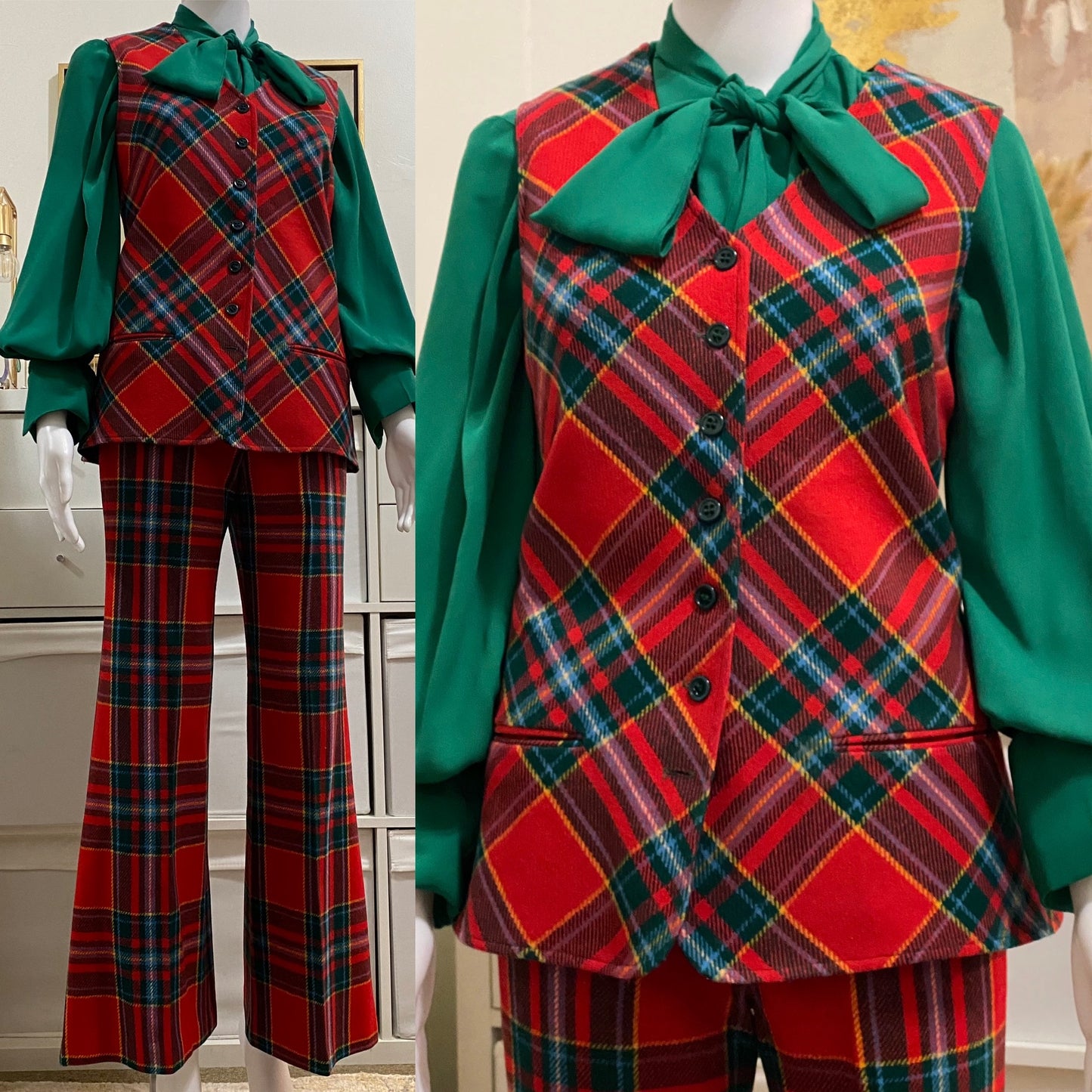 60's-70's Winter Plaid 2Pc Vest Pantsuit (S-M, 28"W)