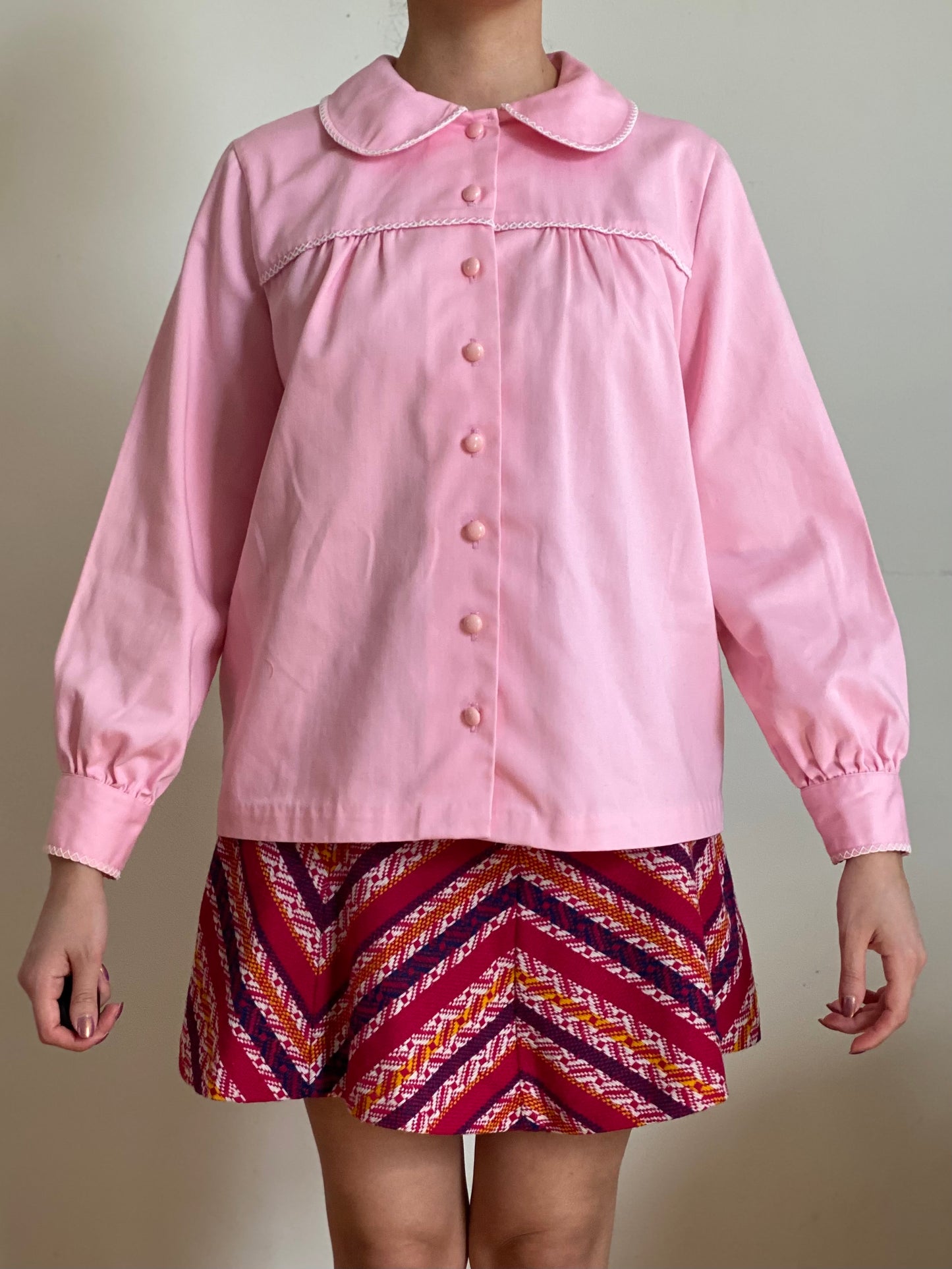 70's Bubblegum Pink Peter Pan Collar Puffy Sleeve Blouse (S-M)