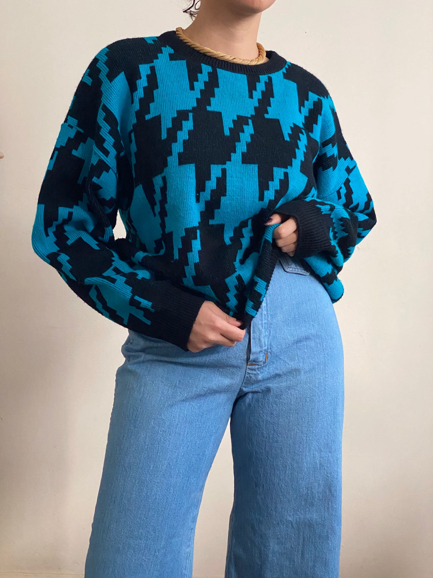 80's Geometric Long Sleeve Knit Sweater (M)