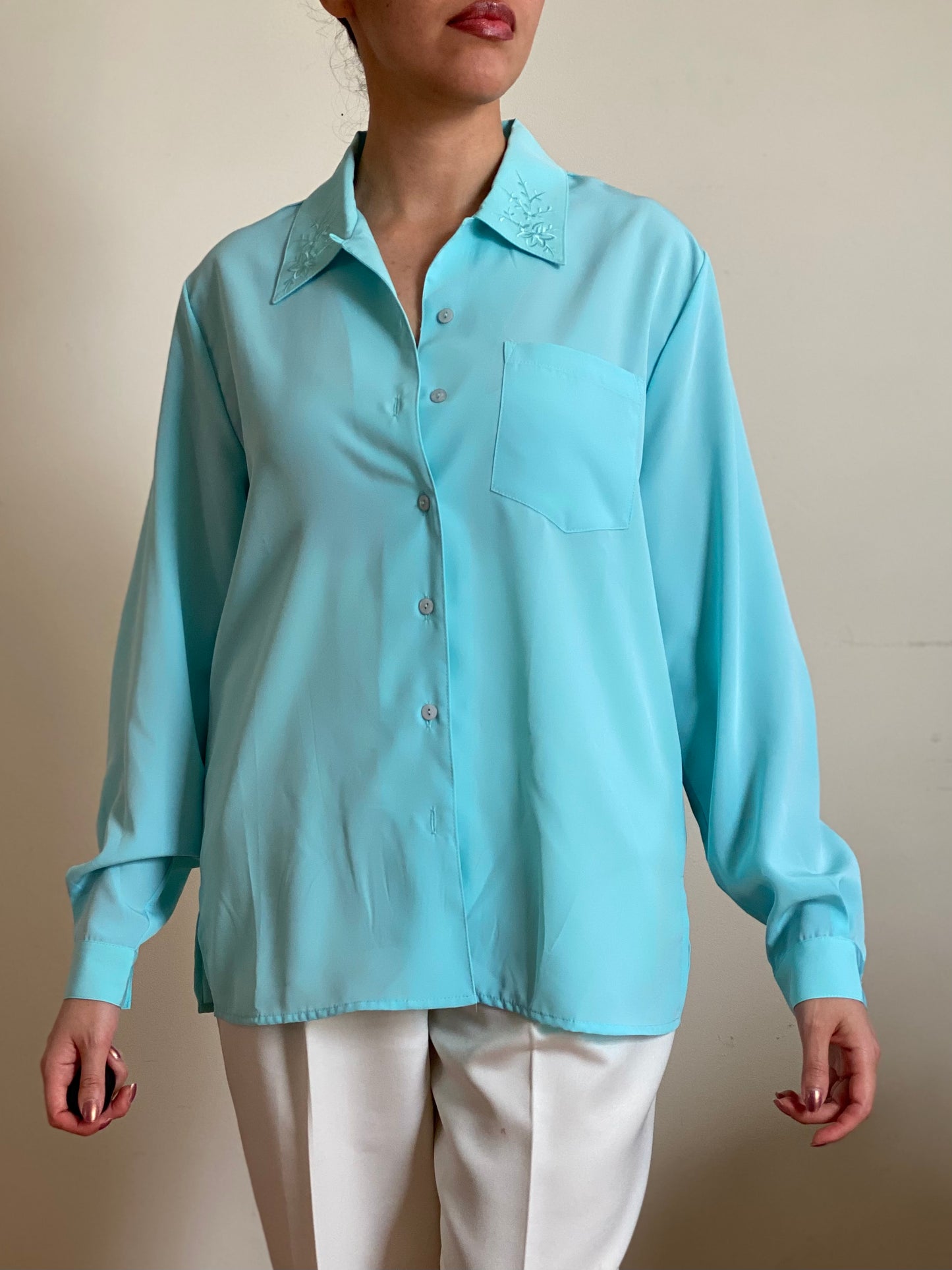 80's-90's Icy Blue Floral Collar Button Down Blouse (M)