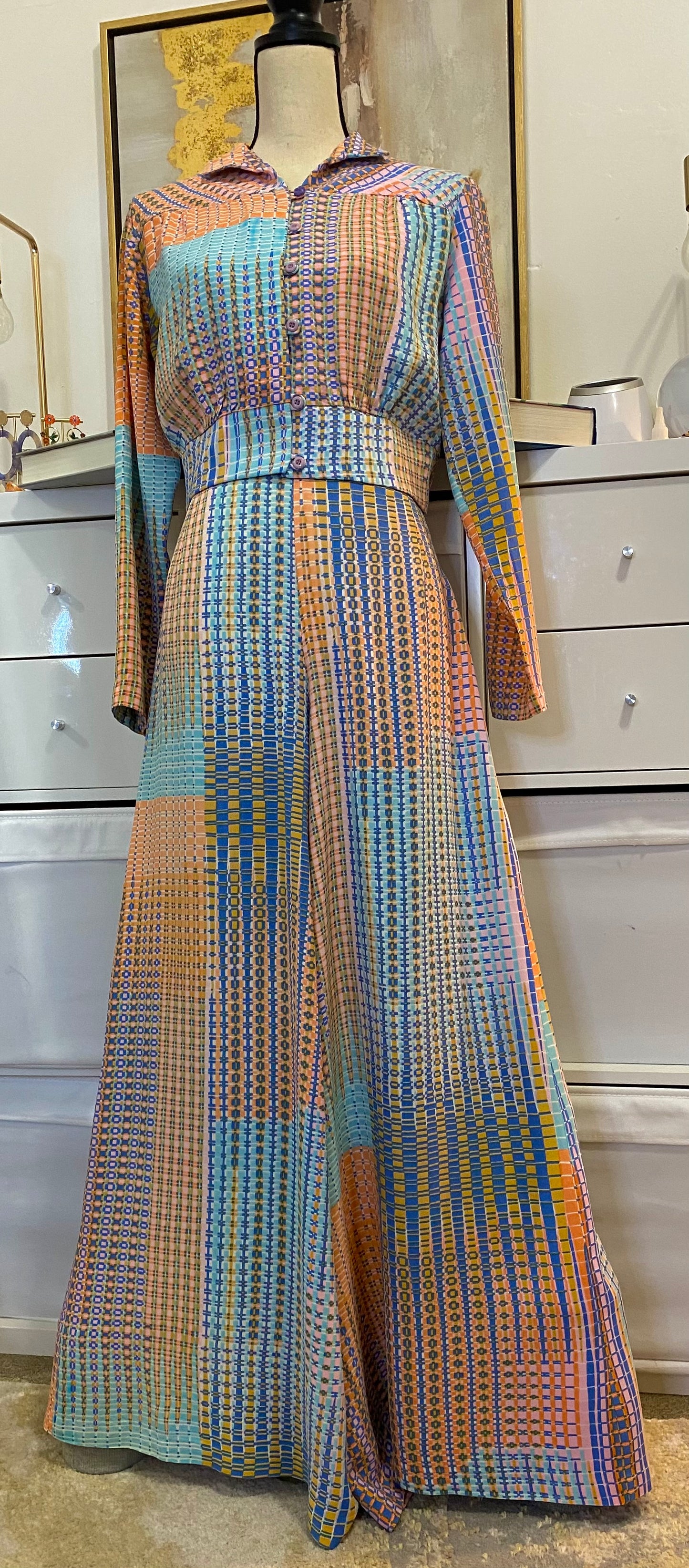 70's 2-Piece Set - Pastel Abstract - Bomber Jacket/Shirt & High Rise Palazzo Bottoms (M)