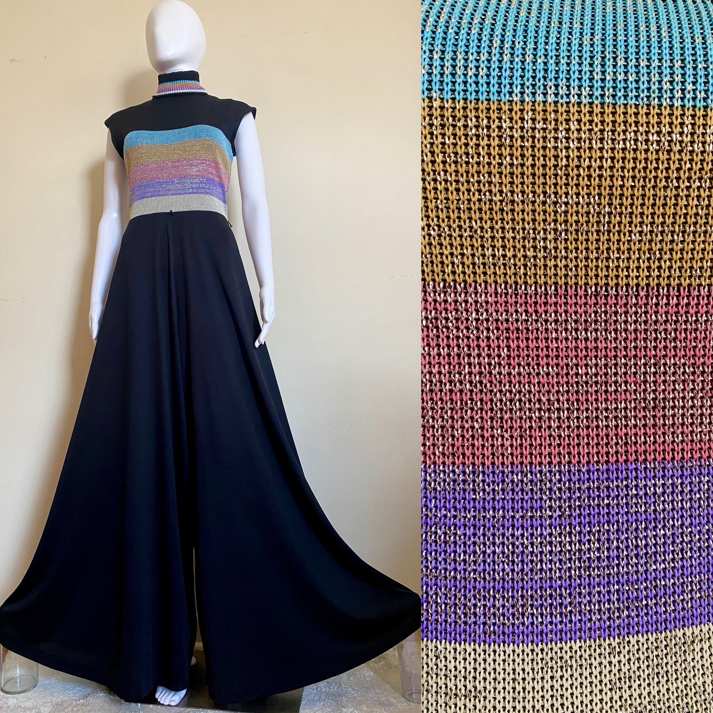 70's Sparkly Rainbow Turtleneck Palazzo Jumpsuit (M-L)