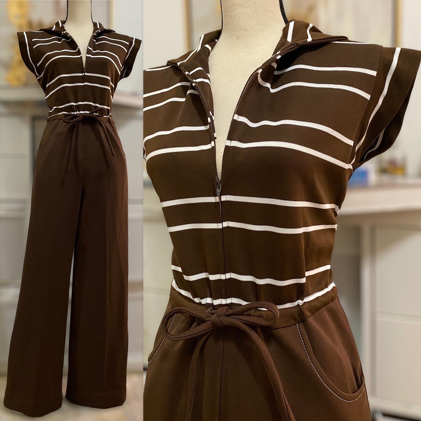 70s Chocolate Brown Stripes, Zipper Front Jumpsuit (M, 32"W)