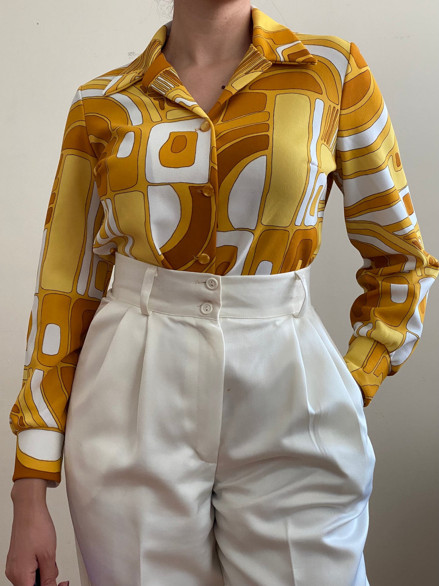 60s 70s Geometric Mod Micro Mini/Blouse w/ Long sleeve (M-L)