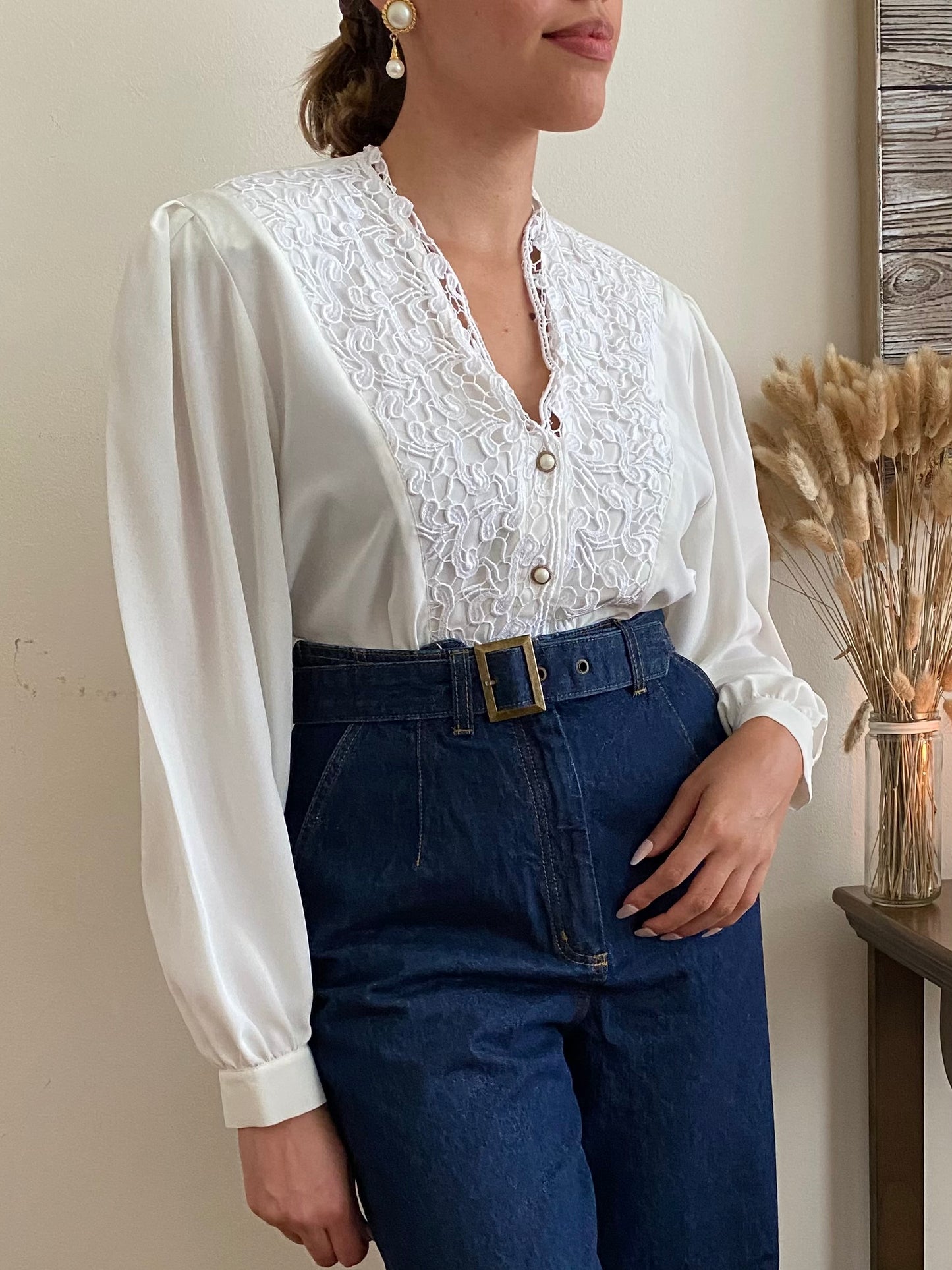 Lace trim long sleeve blouse