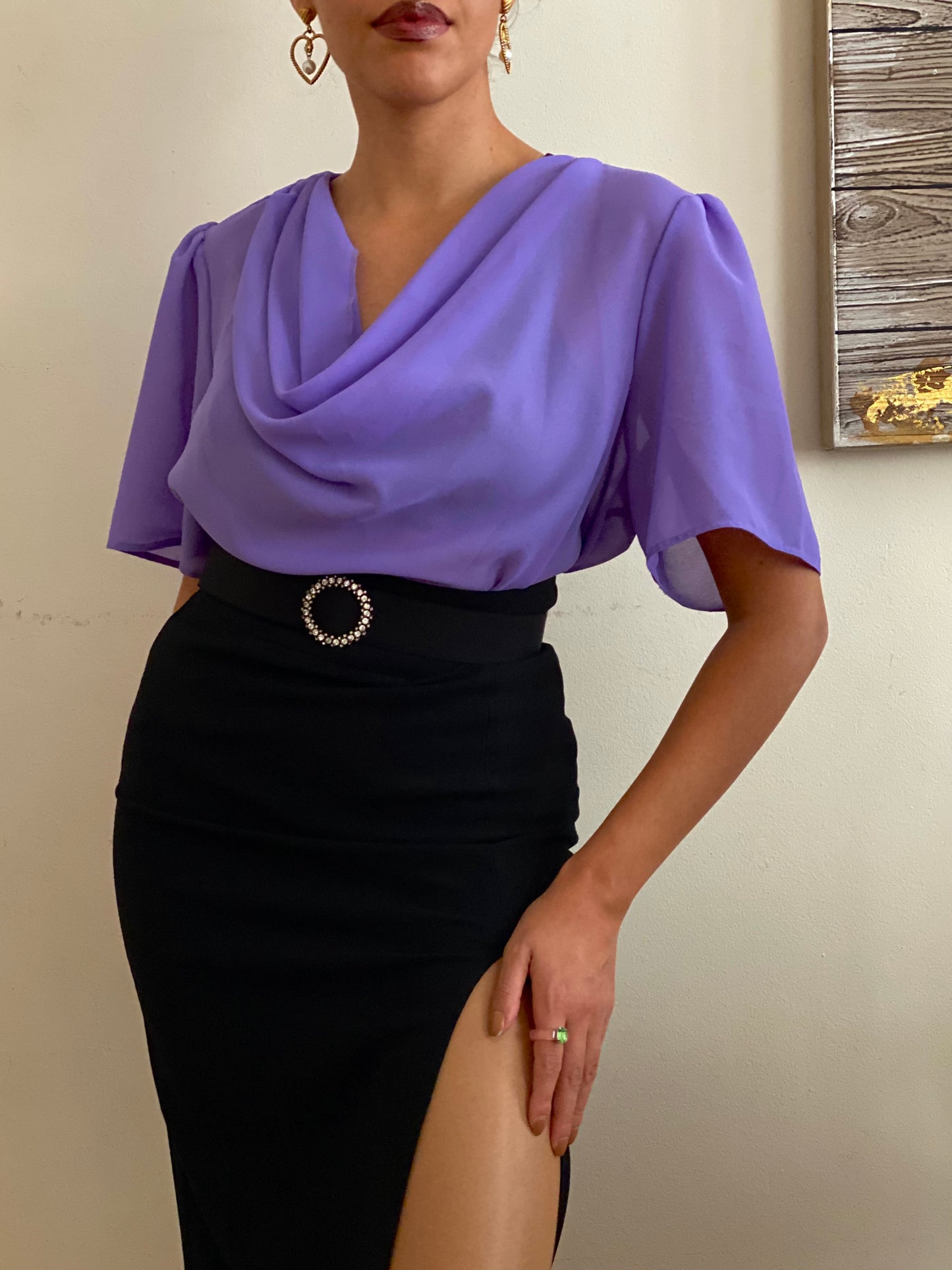 Cowl Neck Bell Short Sleeve Blouse