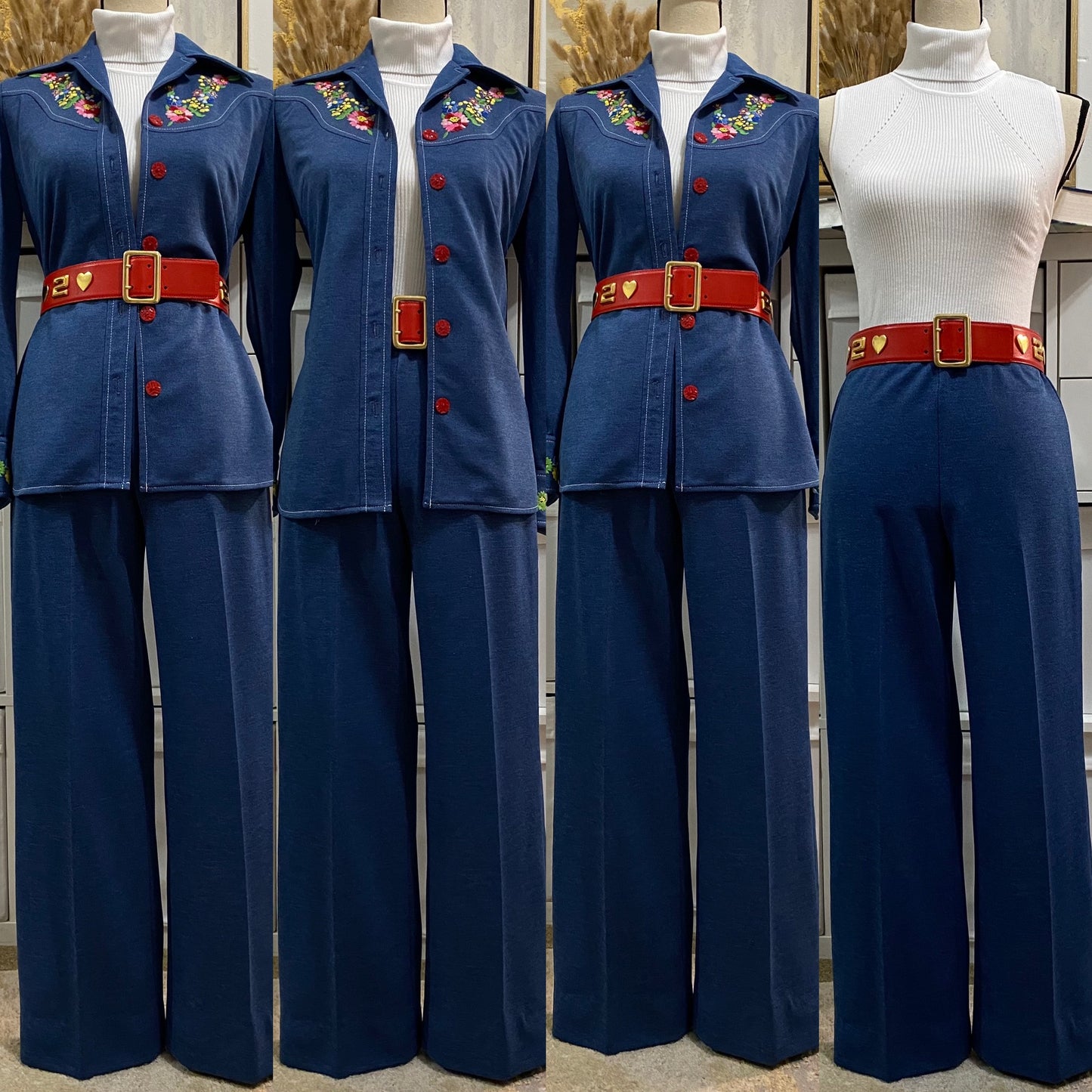 70's 2Pc Faux Denim Look Leisure Pantsuit (XS-S) Bootcut