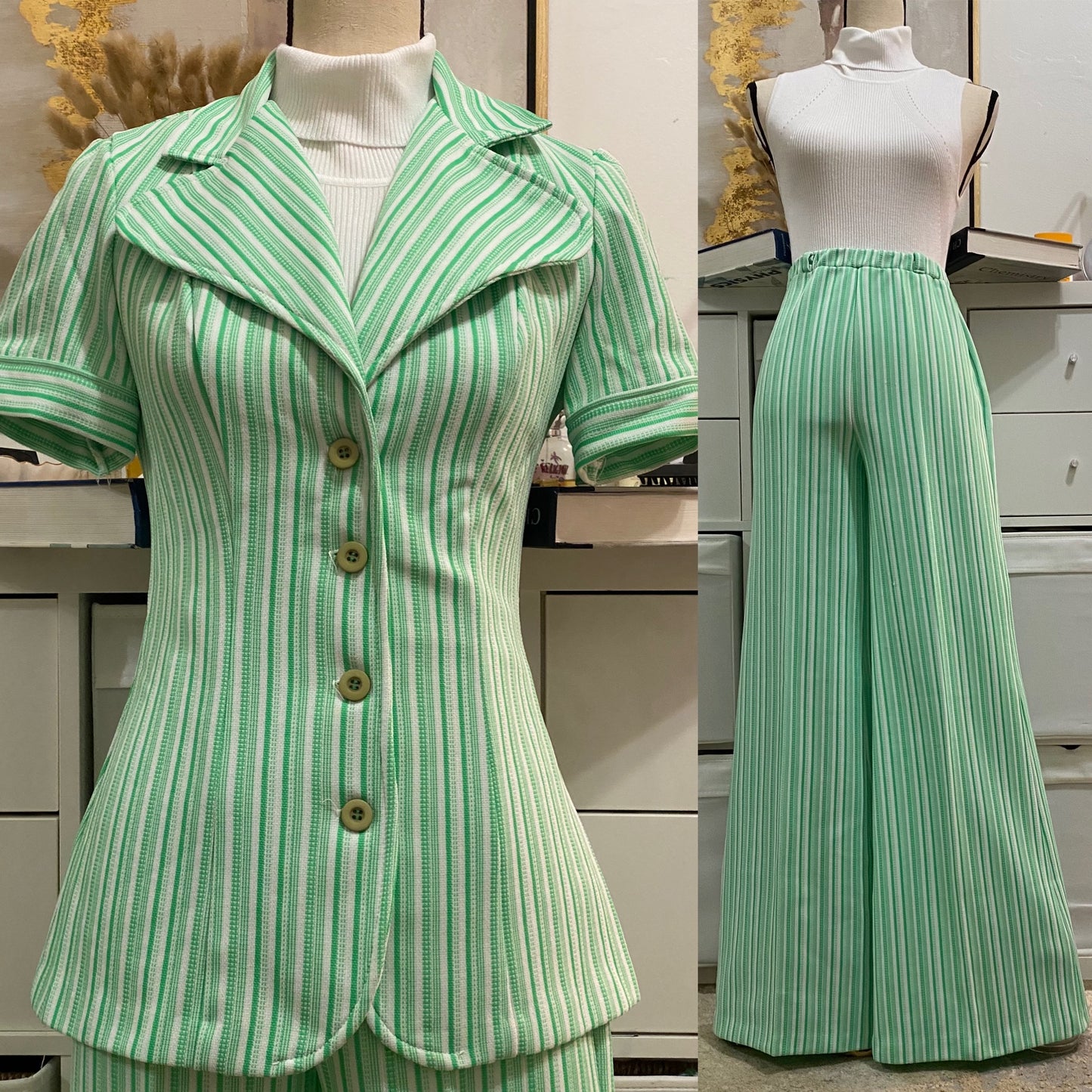 70s Stripe, 2PC Pantsuit (XS-SM, 25"-29"W) Wide leg flare