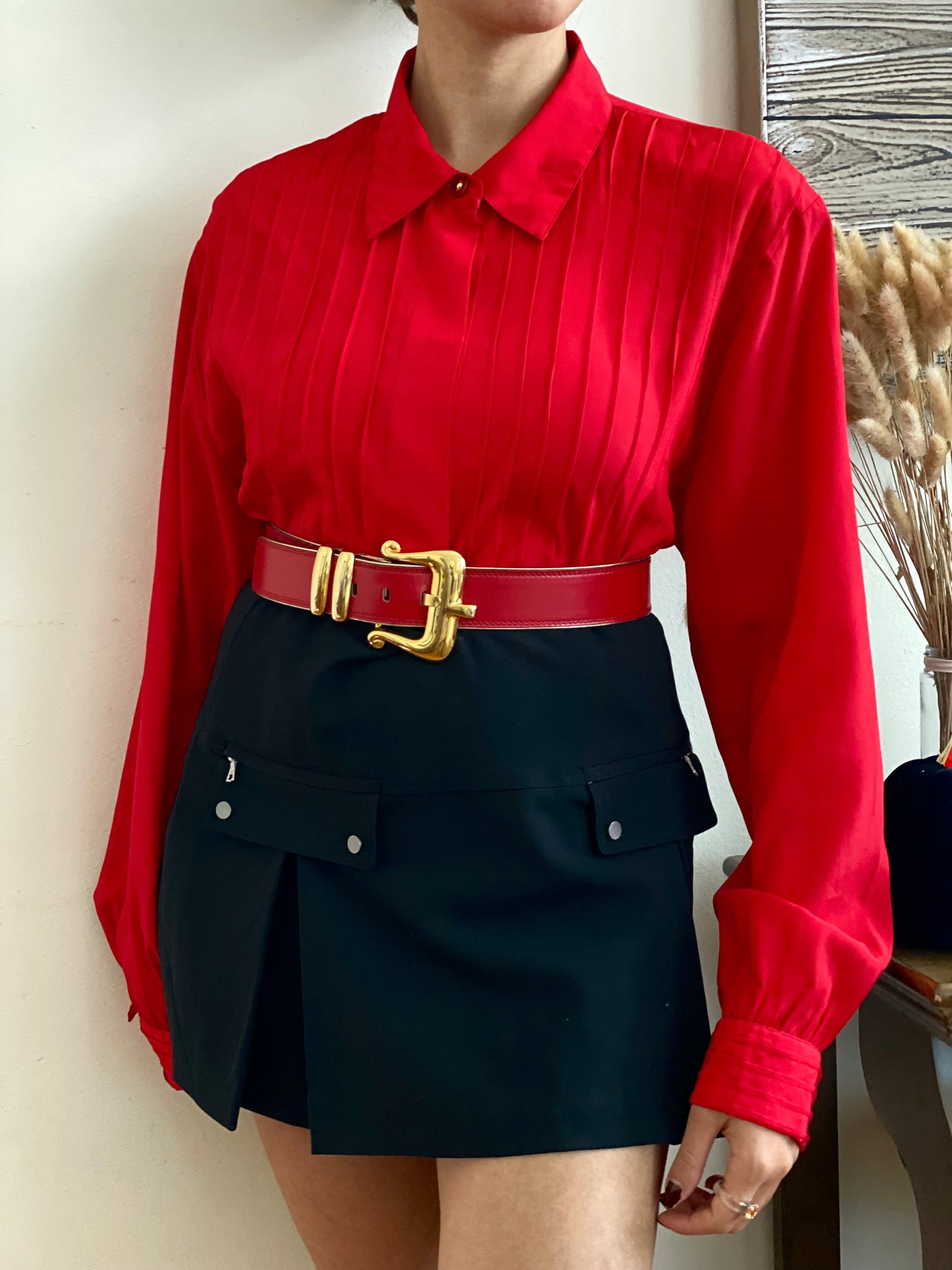 Pleated Front with Accent Button Long Sleeve Blouse