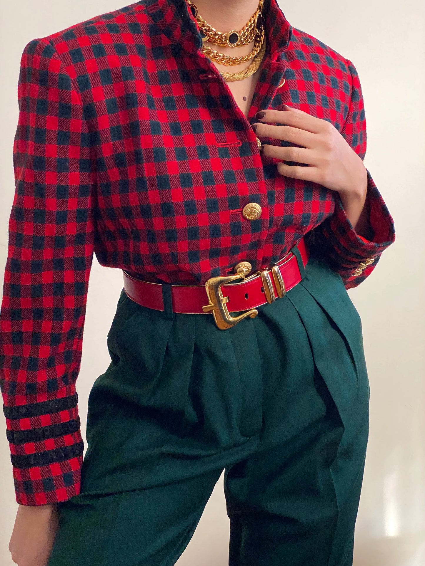 90's Buffalo Plaid Military Style Wool Blazer Jacket (S)
