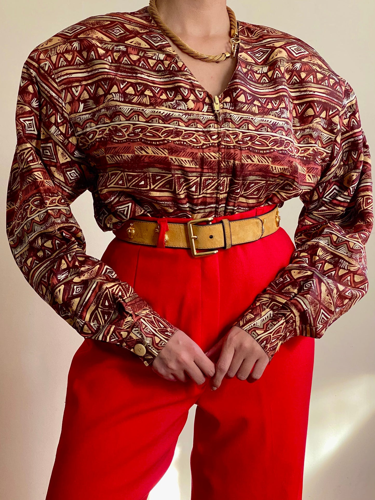90's Abstract Tribal Pattern Bomber Silk Jacket
