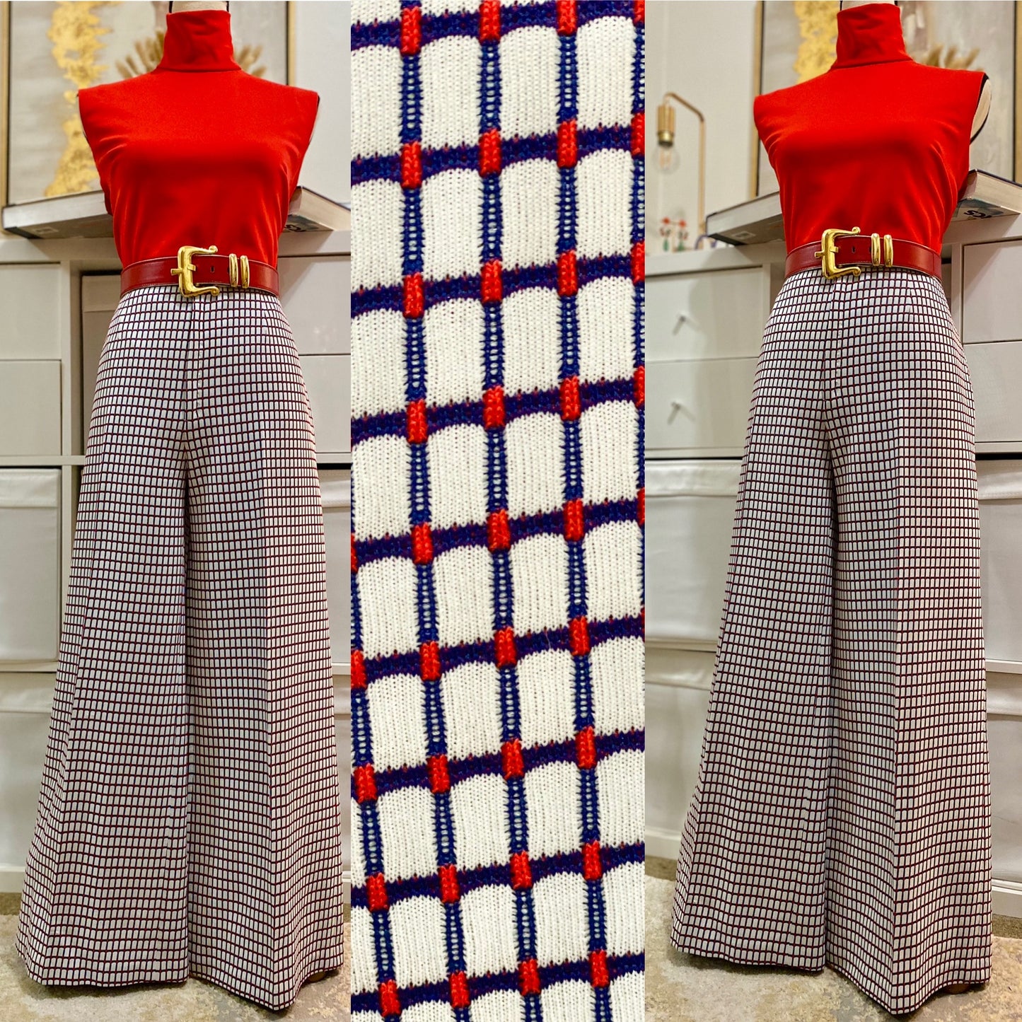 70's Windowpane 2-Piece Set - Turtleneck Sleeveless Top & High Rise Bell Bottoms (L)