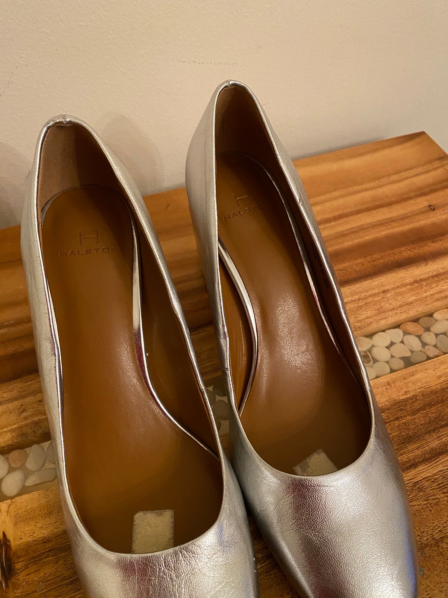 Silver Square Toe Block Heel Pumps