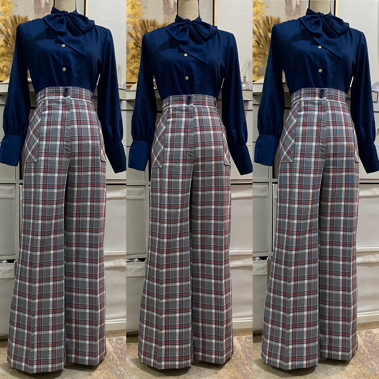 70's High Rise, Wide Leg Plaid Pants (L, 33"W)