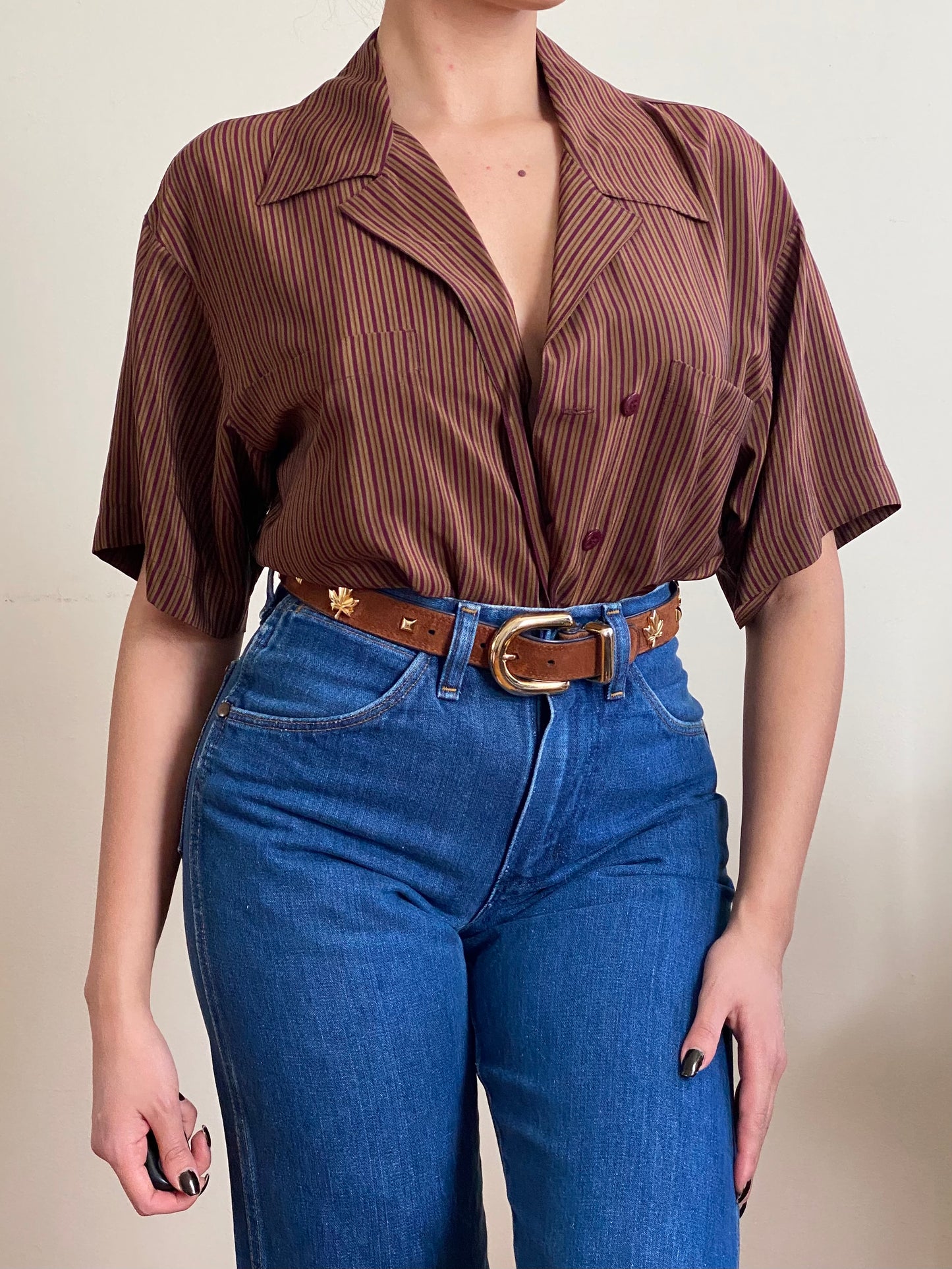 Silk Striped Short Sleeve Button Down Blouse (S-M)